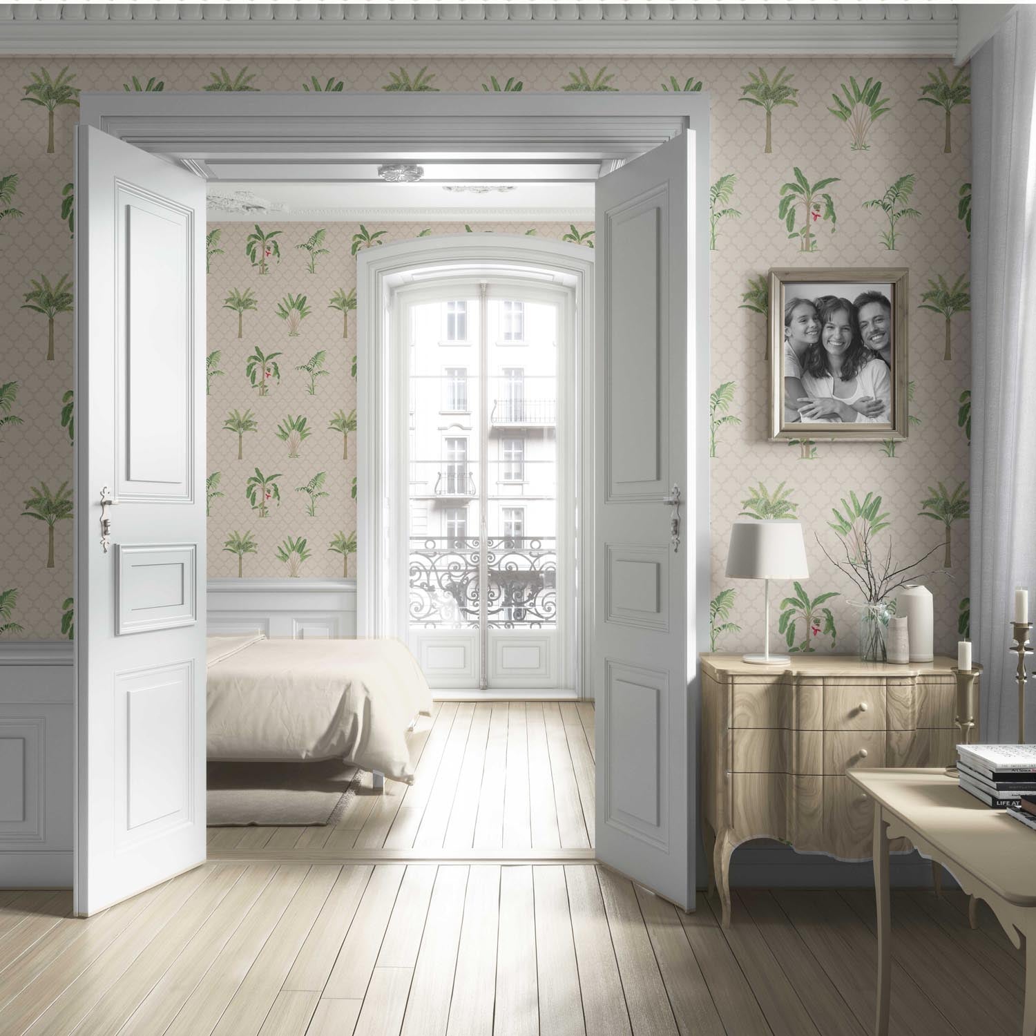Botanical/ Floral Block Print Living Room Wallpaper Sample (Beige/ Green/ Red/ Soft Taupe)
