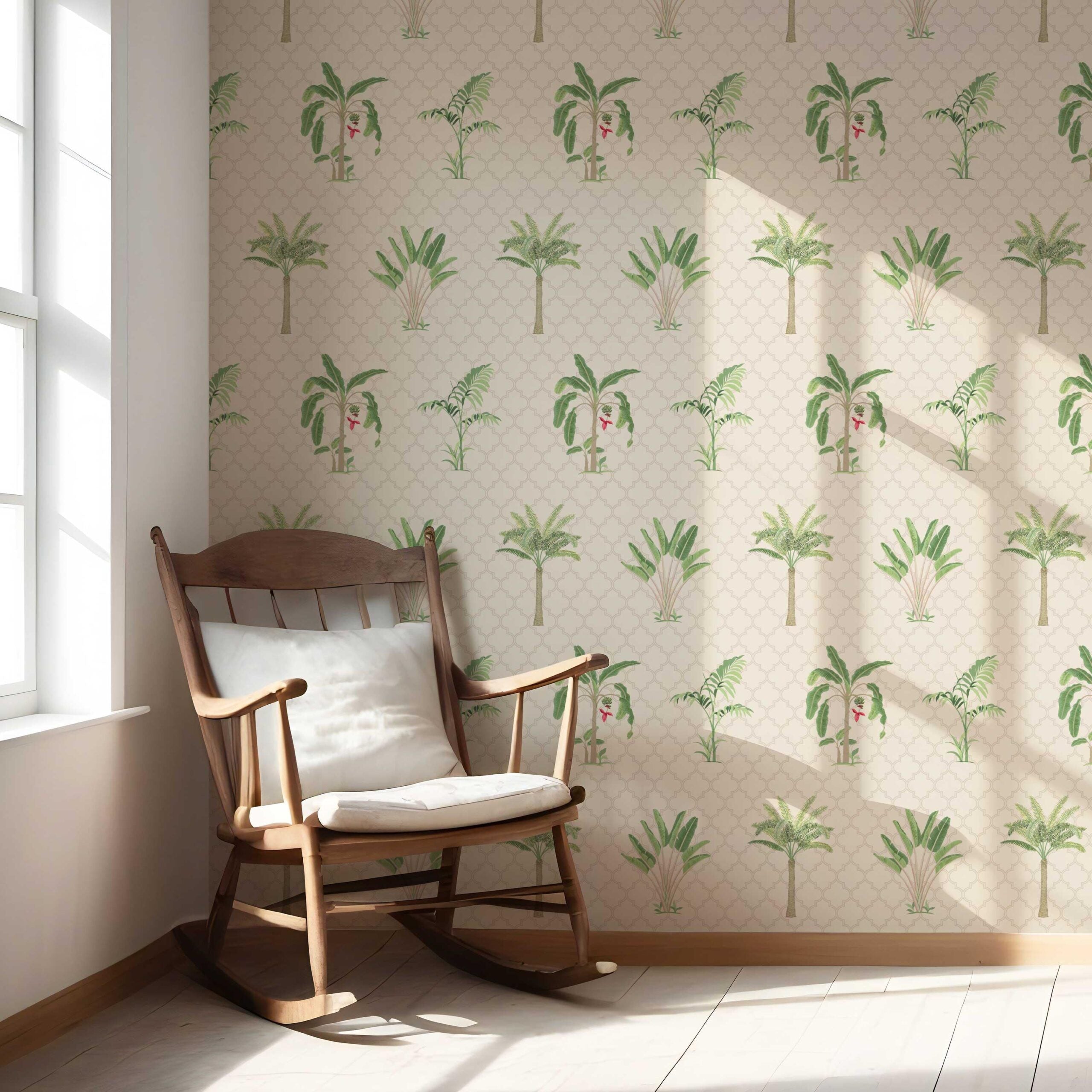 Botanical/ Floral Block Print Nursery Wallpaper Sample (Beige/ Green/ Red/ Soft Taupe)
