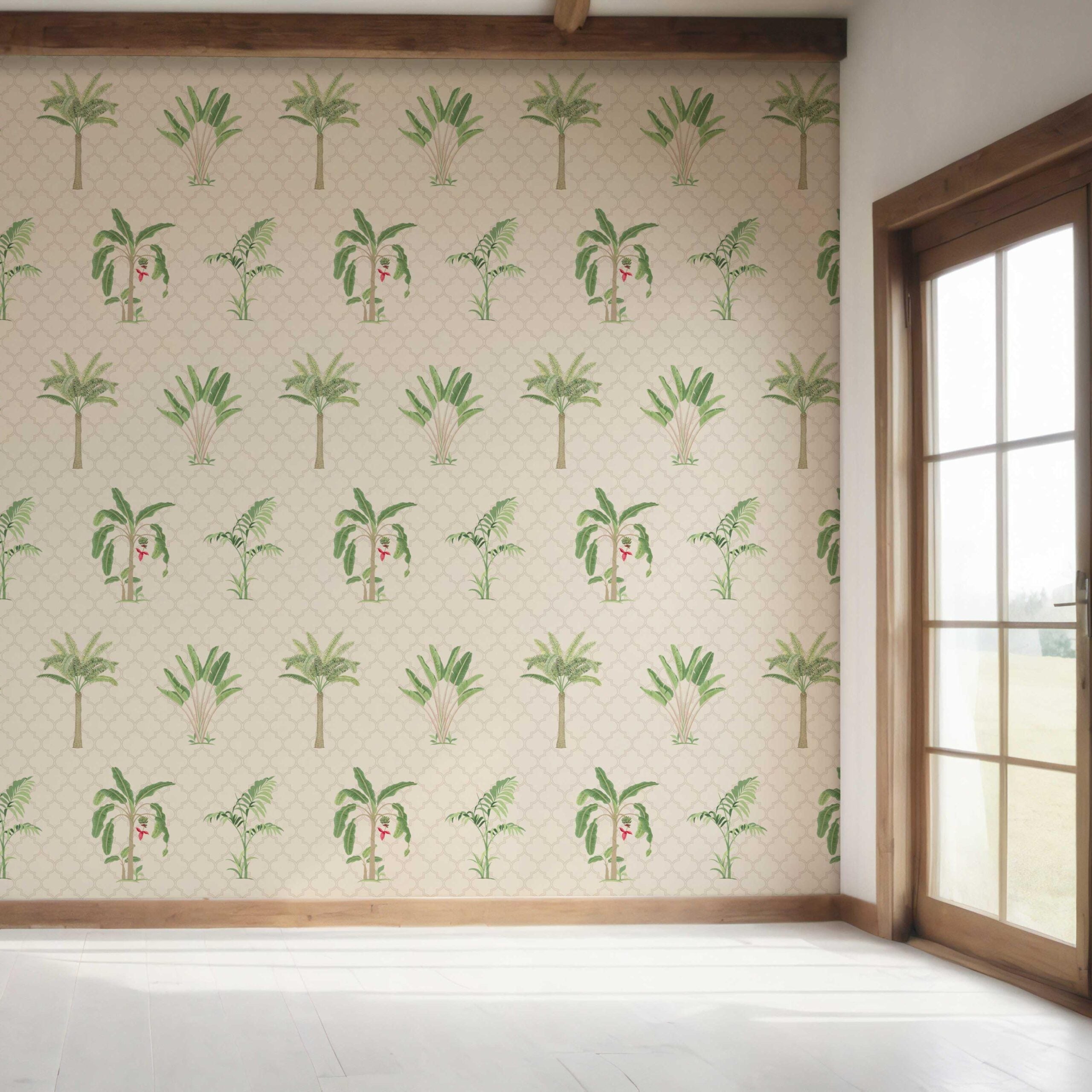 Botanical/ Floral Block Print Bedroom Wallpaper Sample (Beige/ Green/ Red/ Soft Taupe)