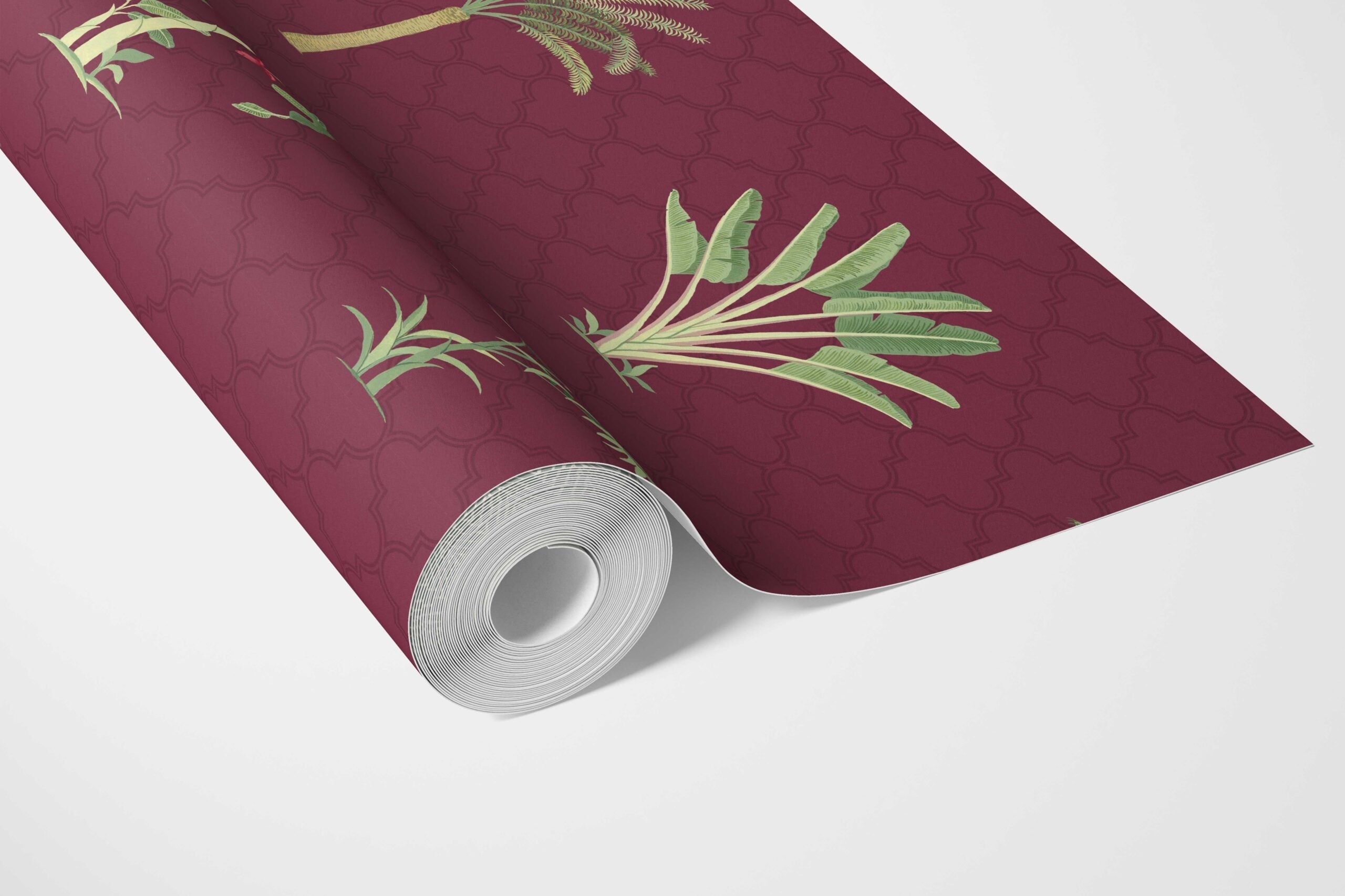 Botanical/ Floral Block Print Bathroom Wallpaper (Red/ Maroon/ Green)