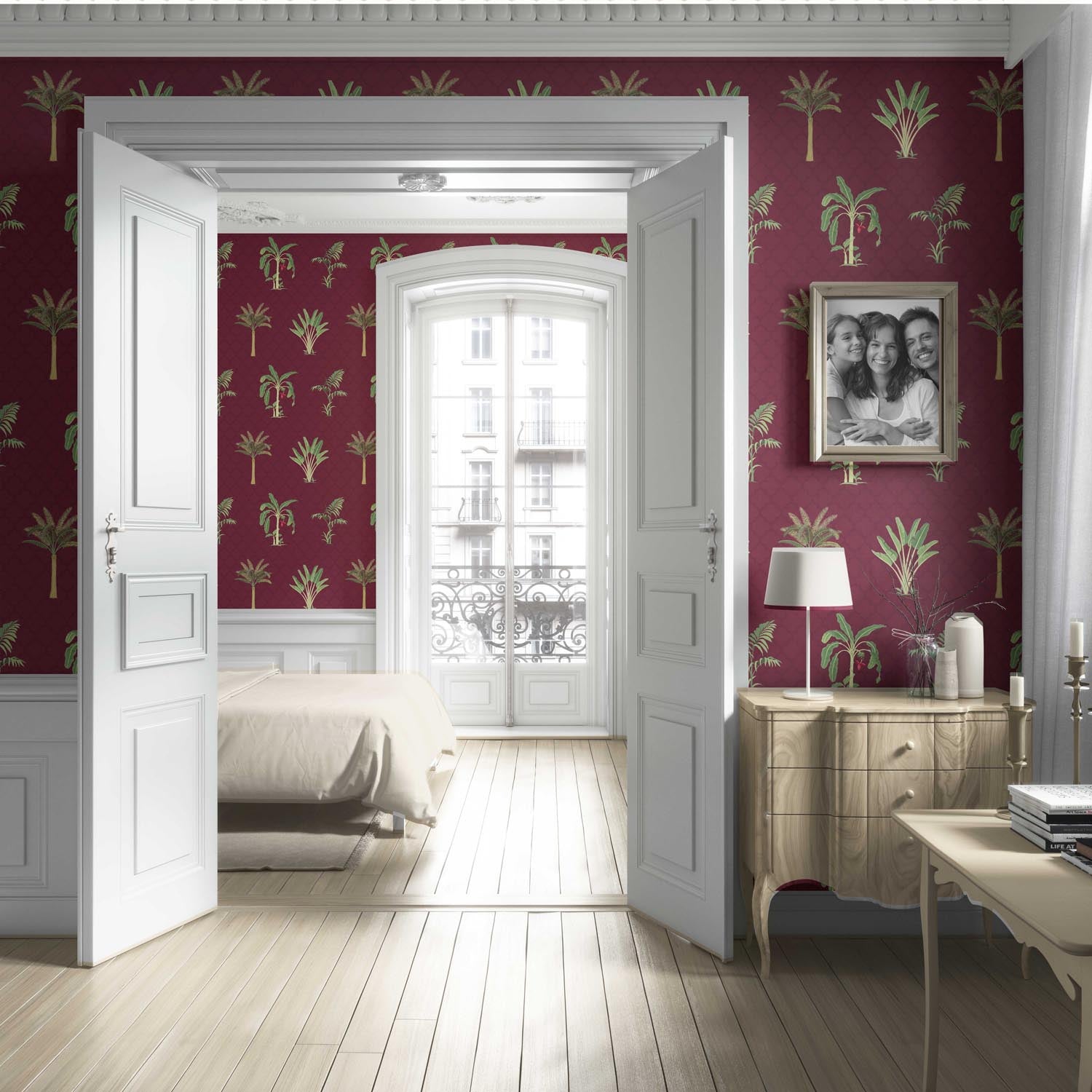 Botanical/ Floral Block Print Living Room Wallpaper Sample (Red/ Maroon/ Green)