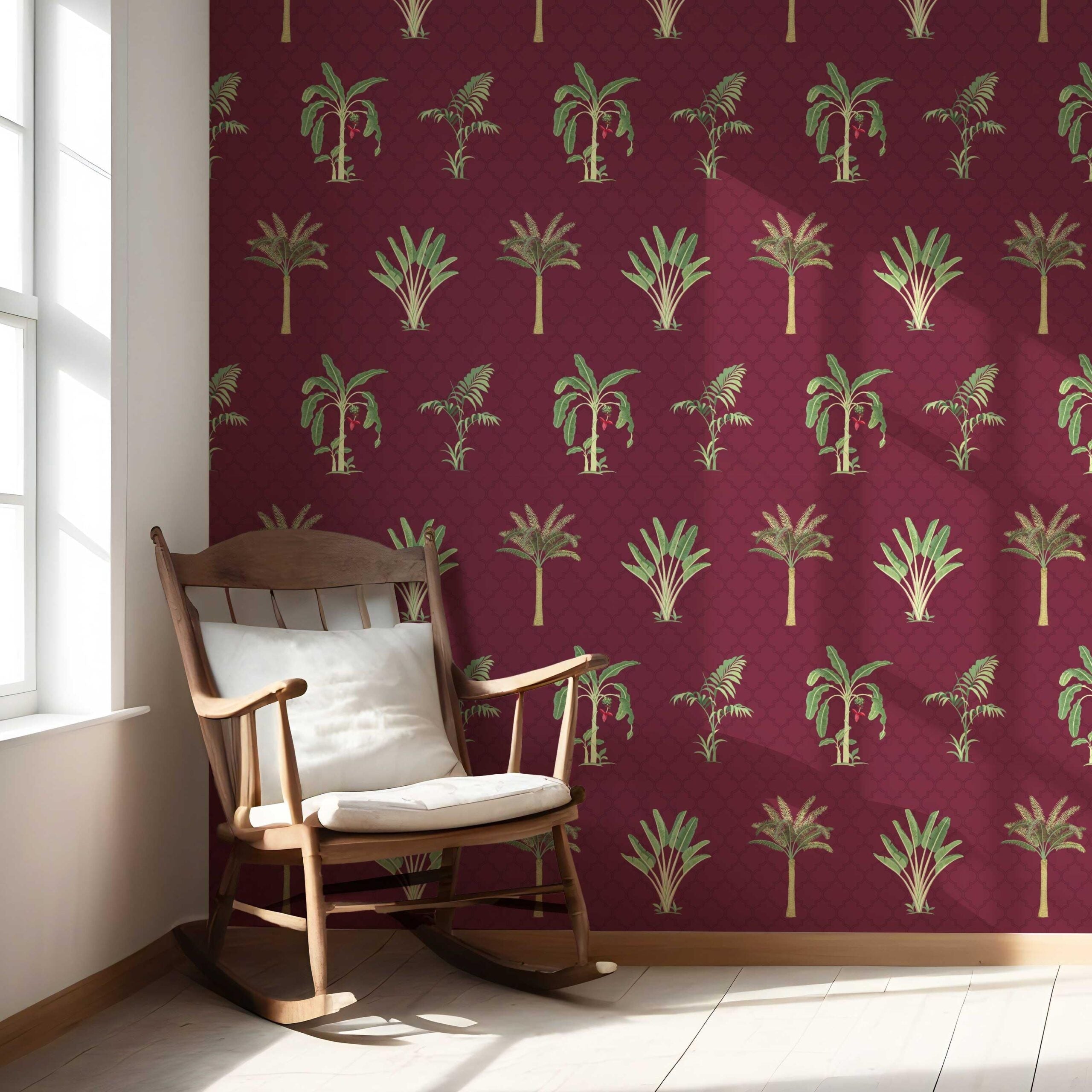 Botanical/ Floral Block Print Nursery Wallpaper Sample (Red/ Maroon/ Green)