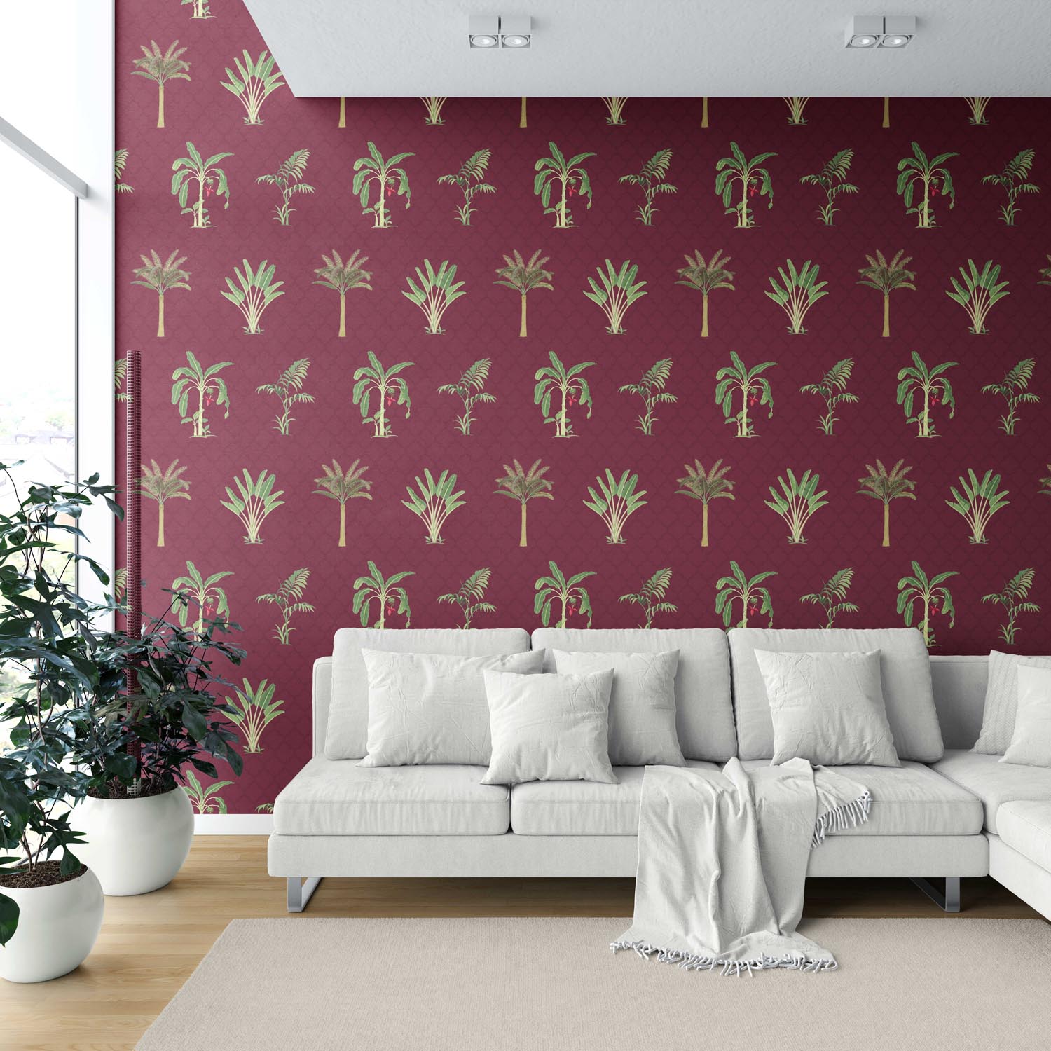 Botanical/ Floral Block Print Shower Toilet Wallpaper (Red/ Maroon/ Green)