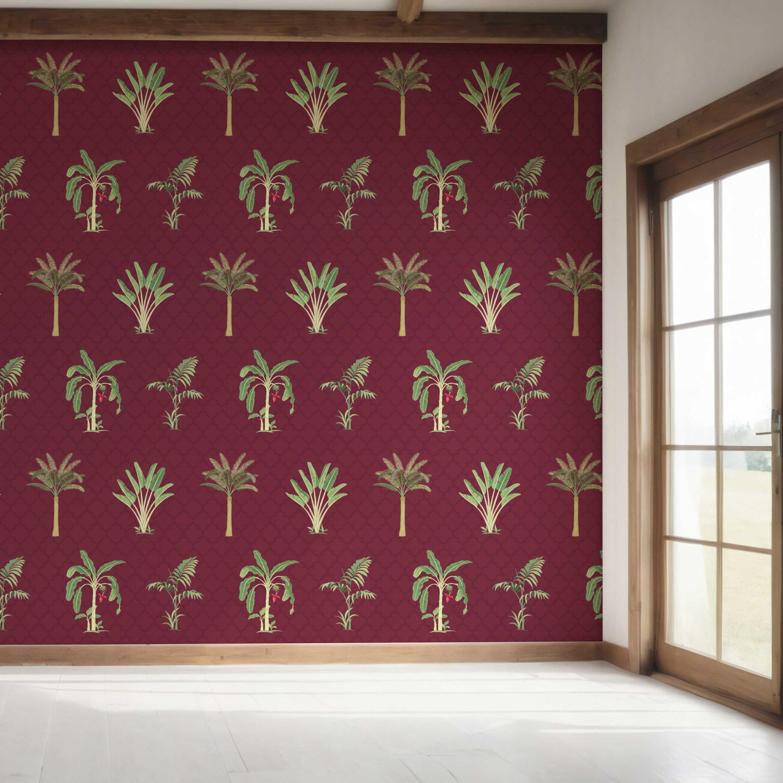 Botanical/ Floral Block Print Bedroom Wallpaper (Red/ Maroon/ Green)