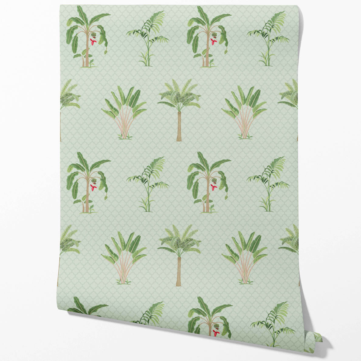 Botanical/ Floral Block Print Kitchen Wallpaper (Mint Green/ Red)