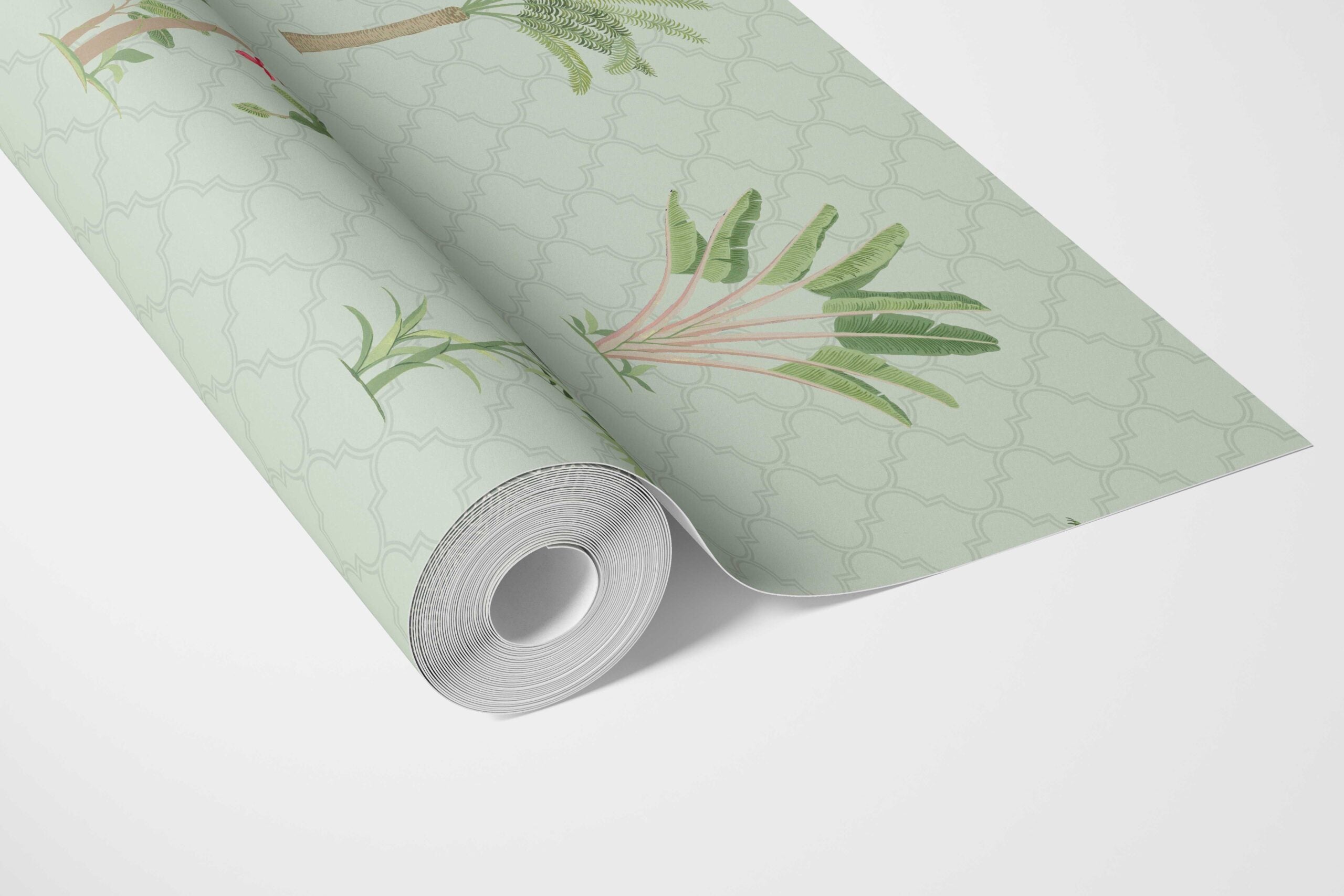 Botanical/ Floral Block Print Bathroom Wallpaper (Mint Green/ Red)