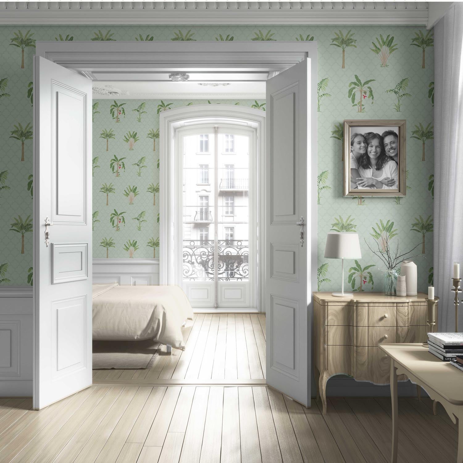 Botanical/ Floral Block Print Living Room Wallpaper (Mint Green/ Red)