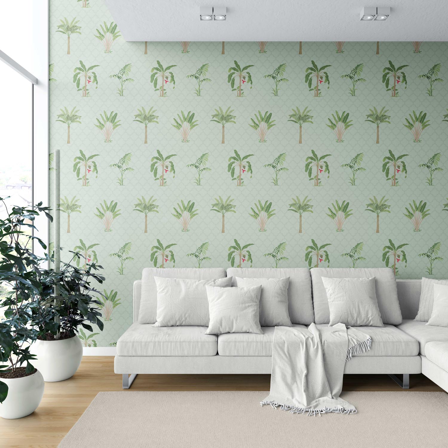 Botanical/ Floral Block Print Shower Toilet Wallpaper Sample (Mint Green/ Red)