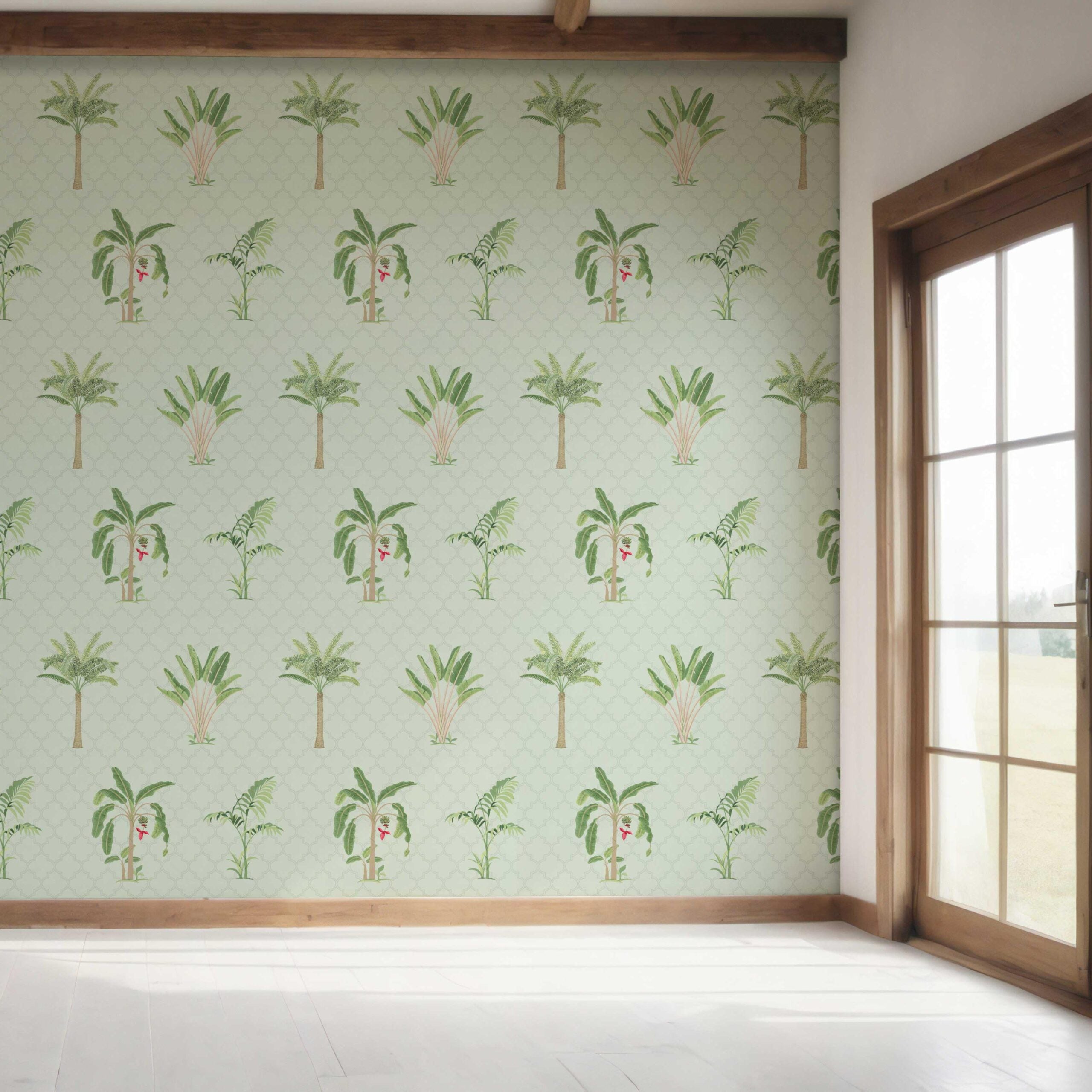 Botanical/ Floral Block Print Bedroom Wallpaper Sample (Mint Green/ Red)