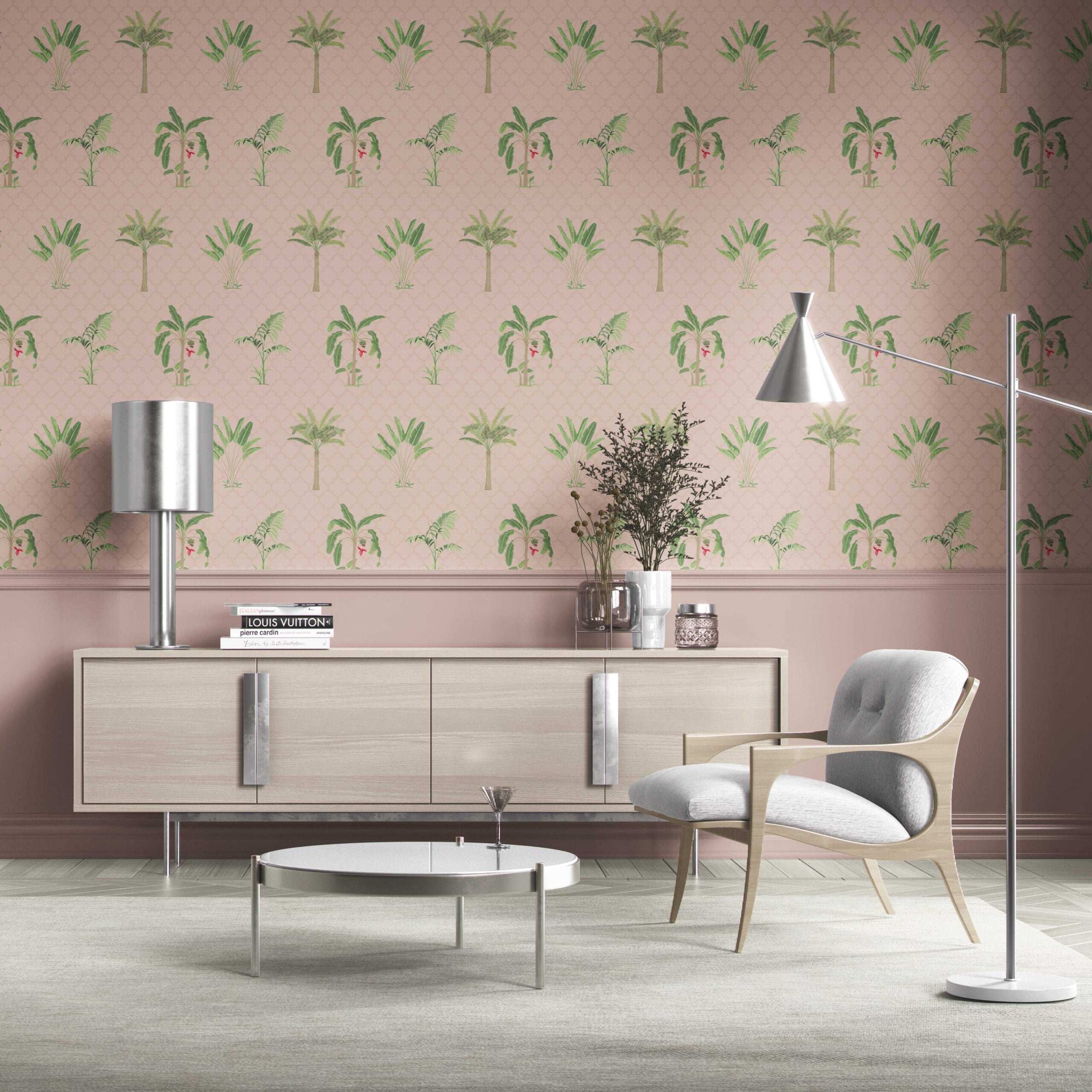 Botanical/ Floral Block Print Traditional Wallpaper (Pink/ Green/ Red)