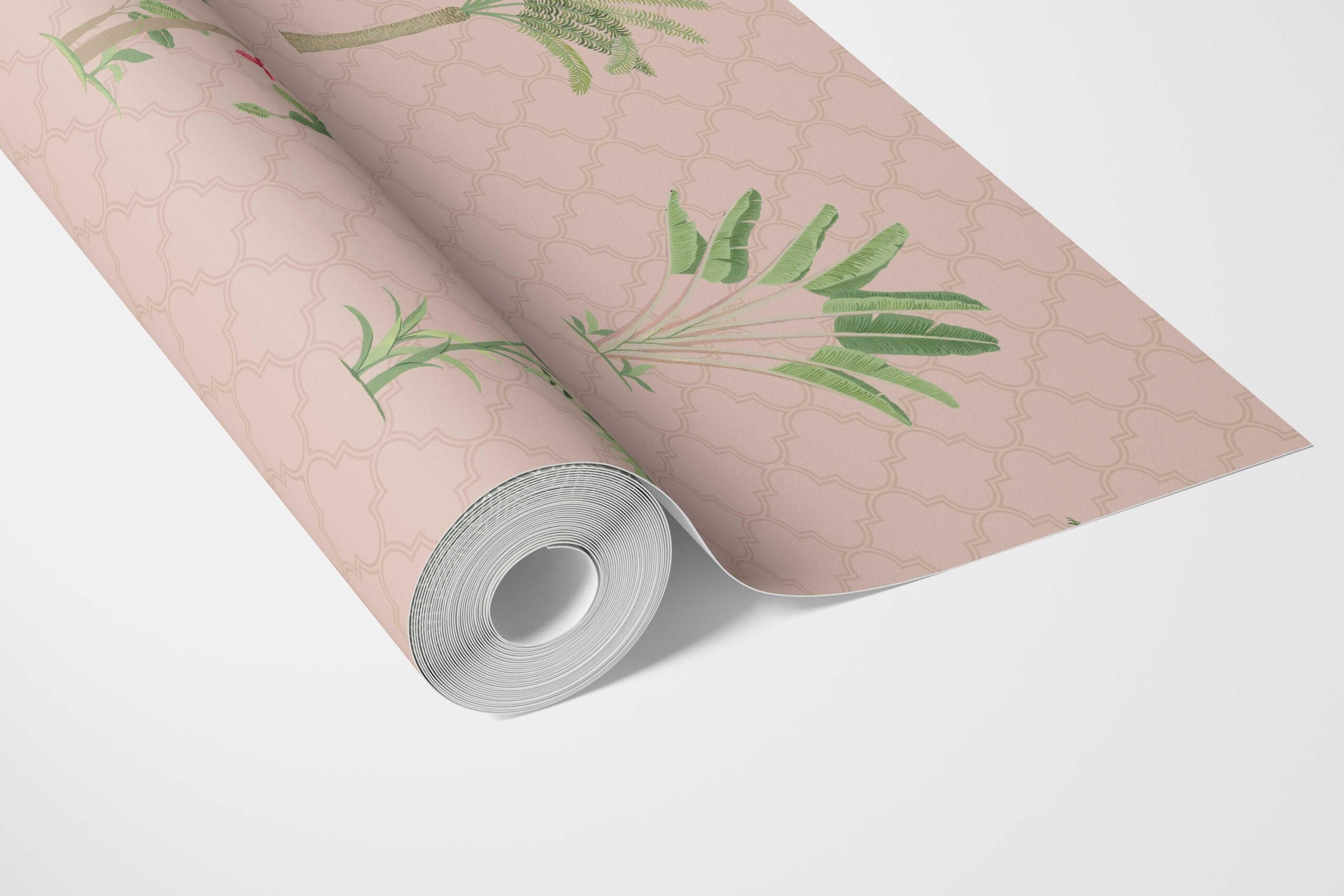 Botanical/ Floral Block Print Bathroom Wallpaper (Pink/ Green/ Red)