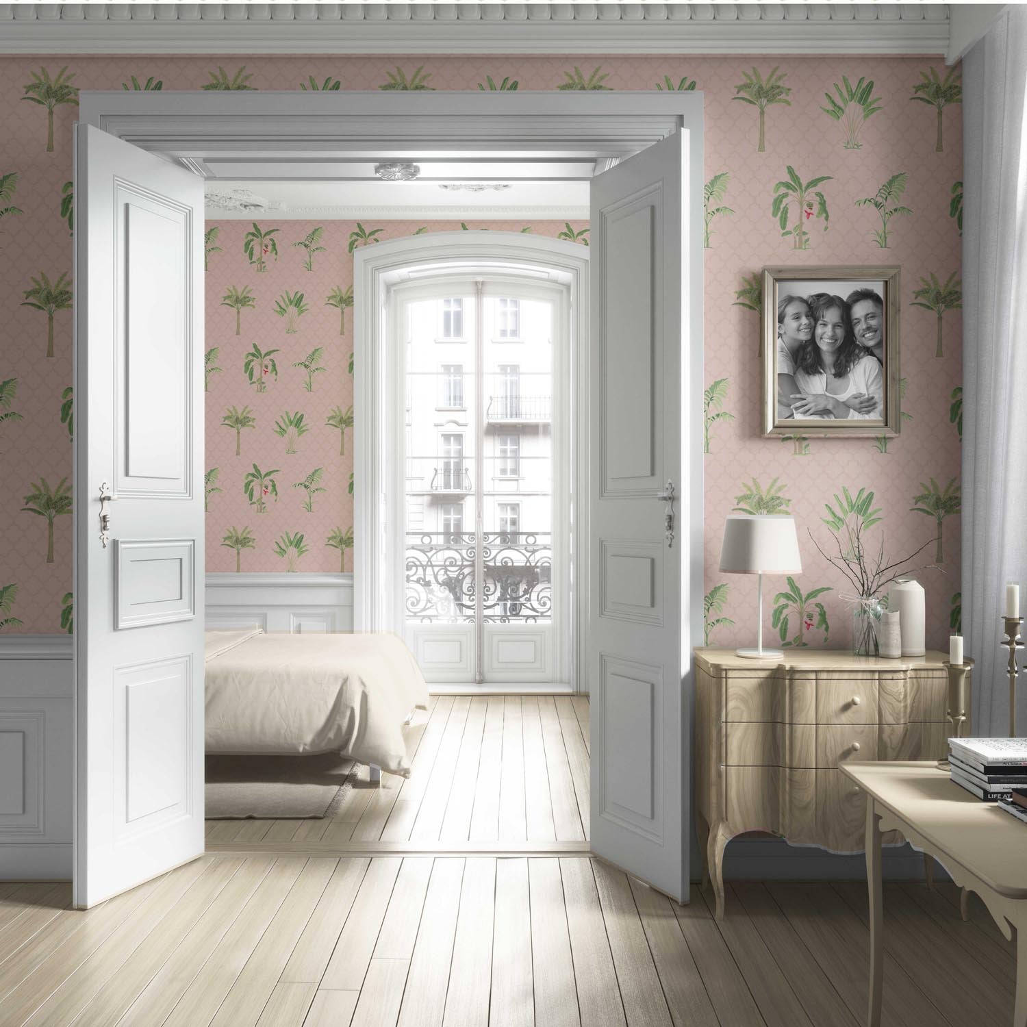 Botanical/ Floral Block Print Living Room Wallpaper Sample (Pink/ Green/ Red)