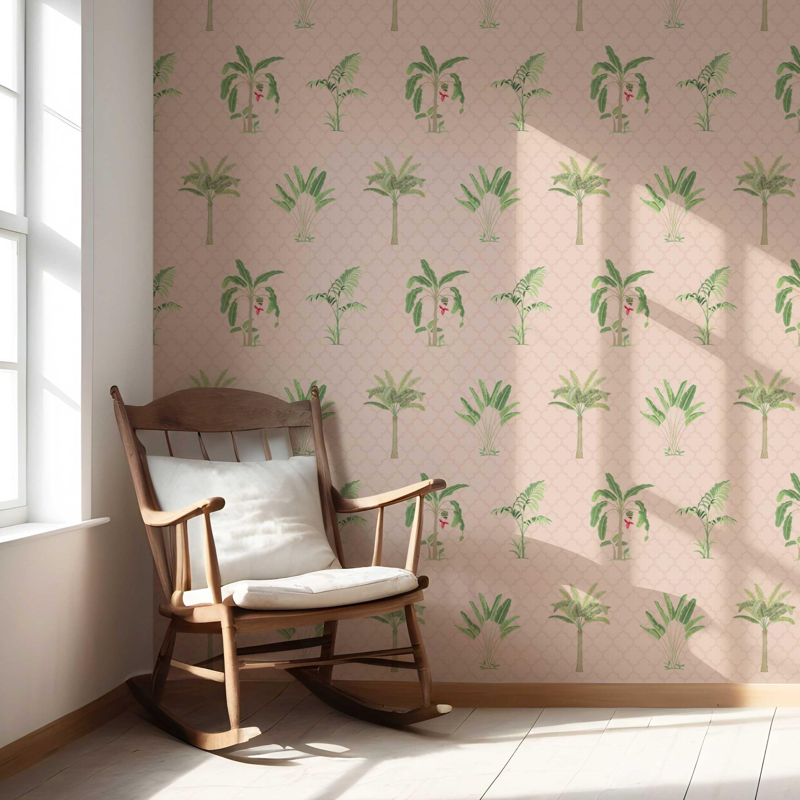 Botanical/ Floral Block Print Nursery Wallpaper (Pink/ Green/ Red)