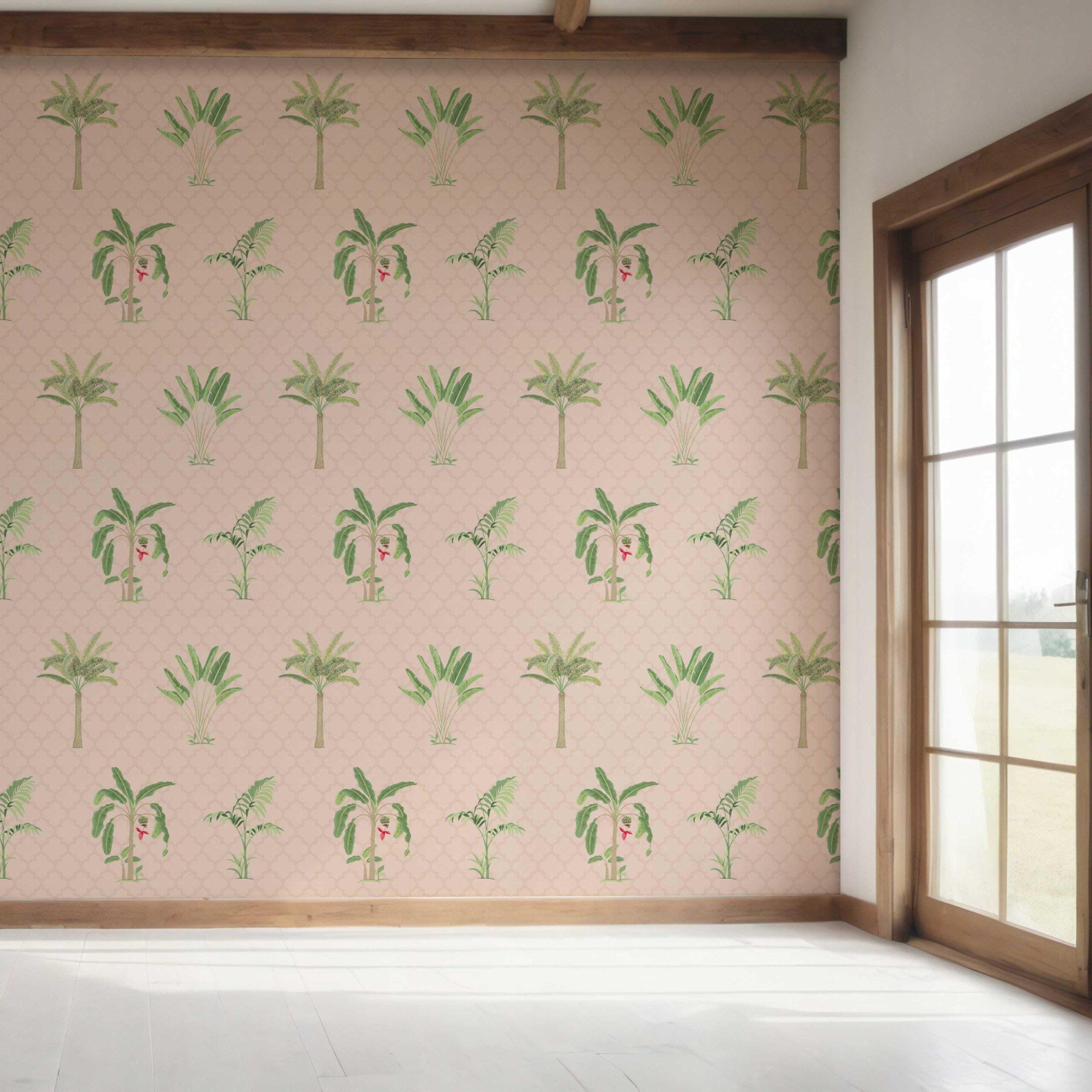 Botanical/ Floral Block Print Bedroom Wallpaper (Pink/ Green/ Red)