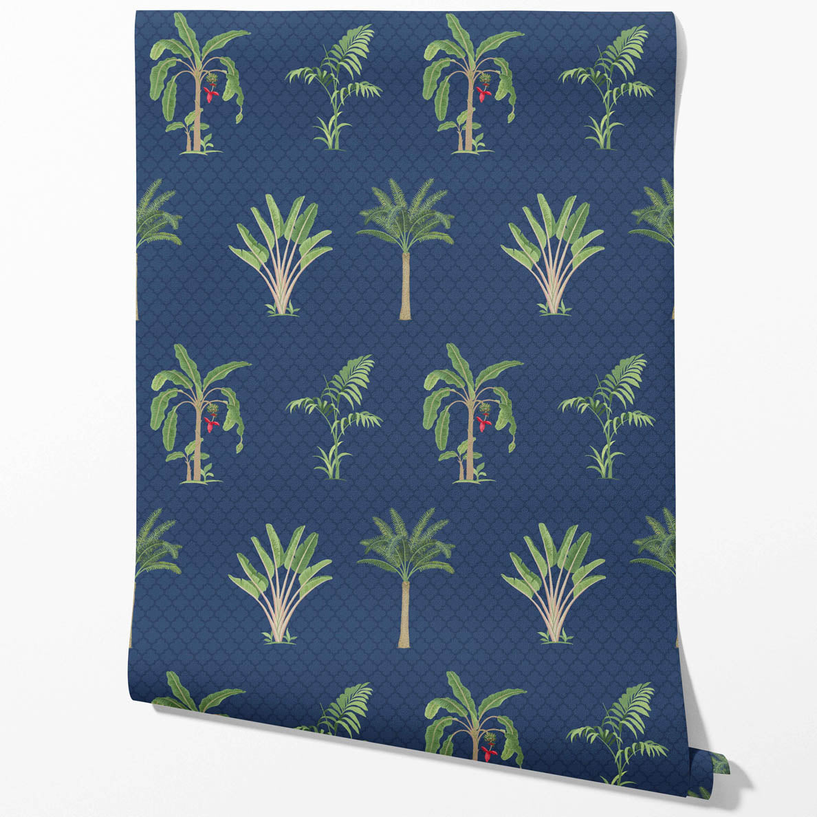 Botanical/ Floral Block Print Kitchen Wallpaper Sample (Navy Blue/ Green/ Red)