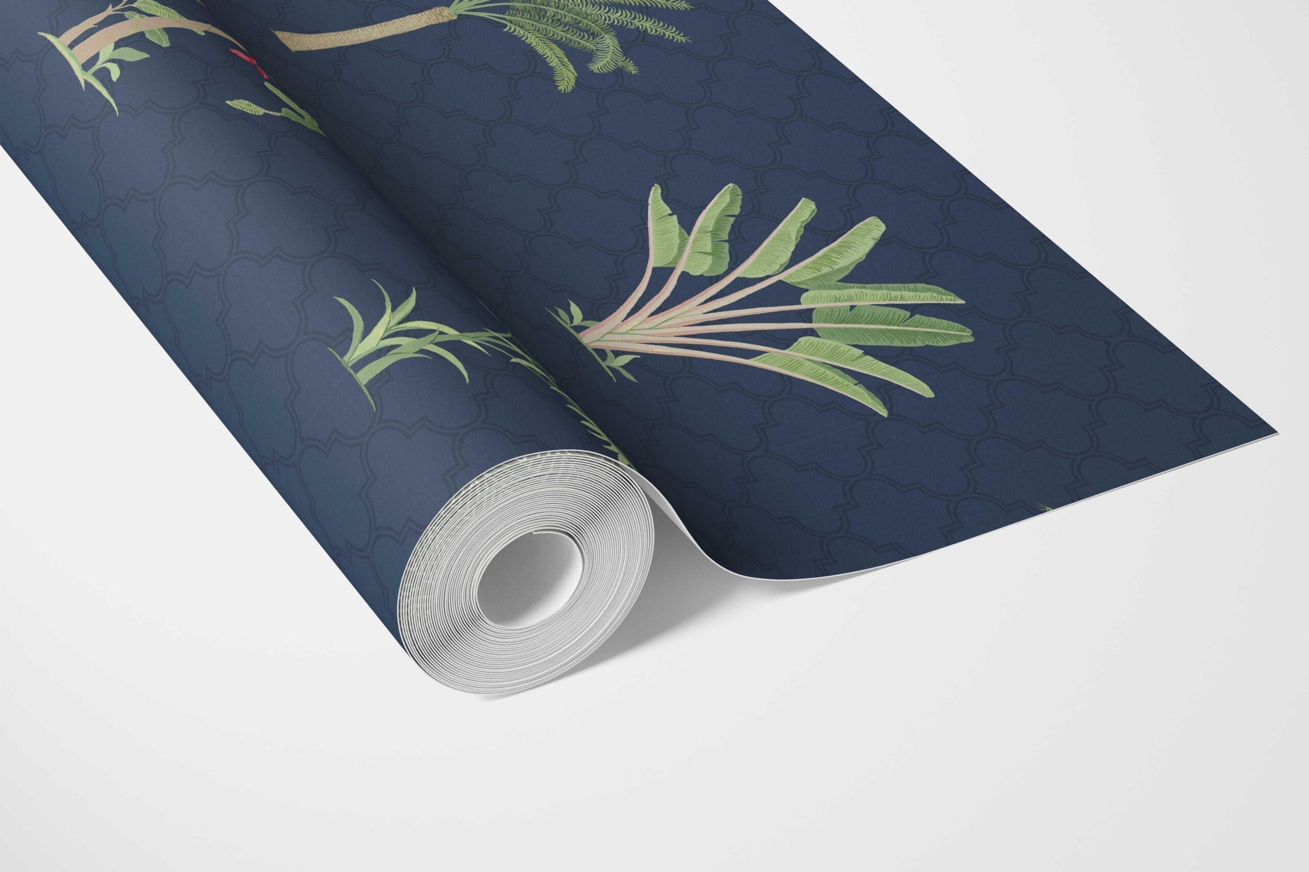 Botanical/ Floral Block Print Bathroom Wallpaper (Navy Blue/ Green/ Red)