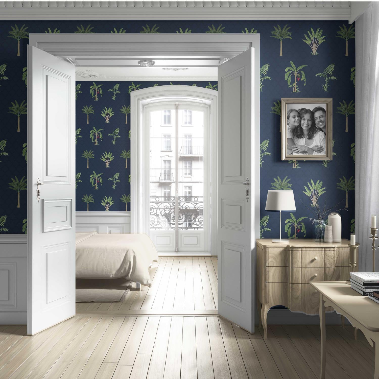Botanical/ Floral Block Print Living Room Wallpaper Sample (Navy Blue/ Green/ Red)