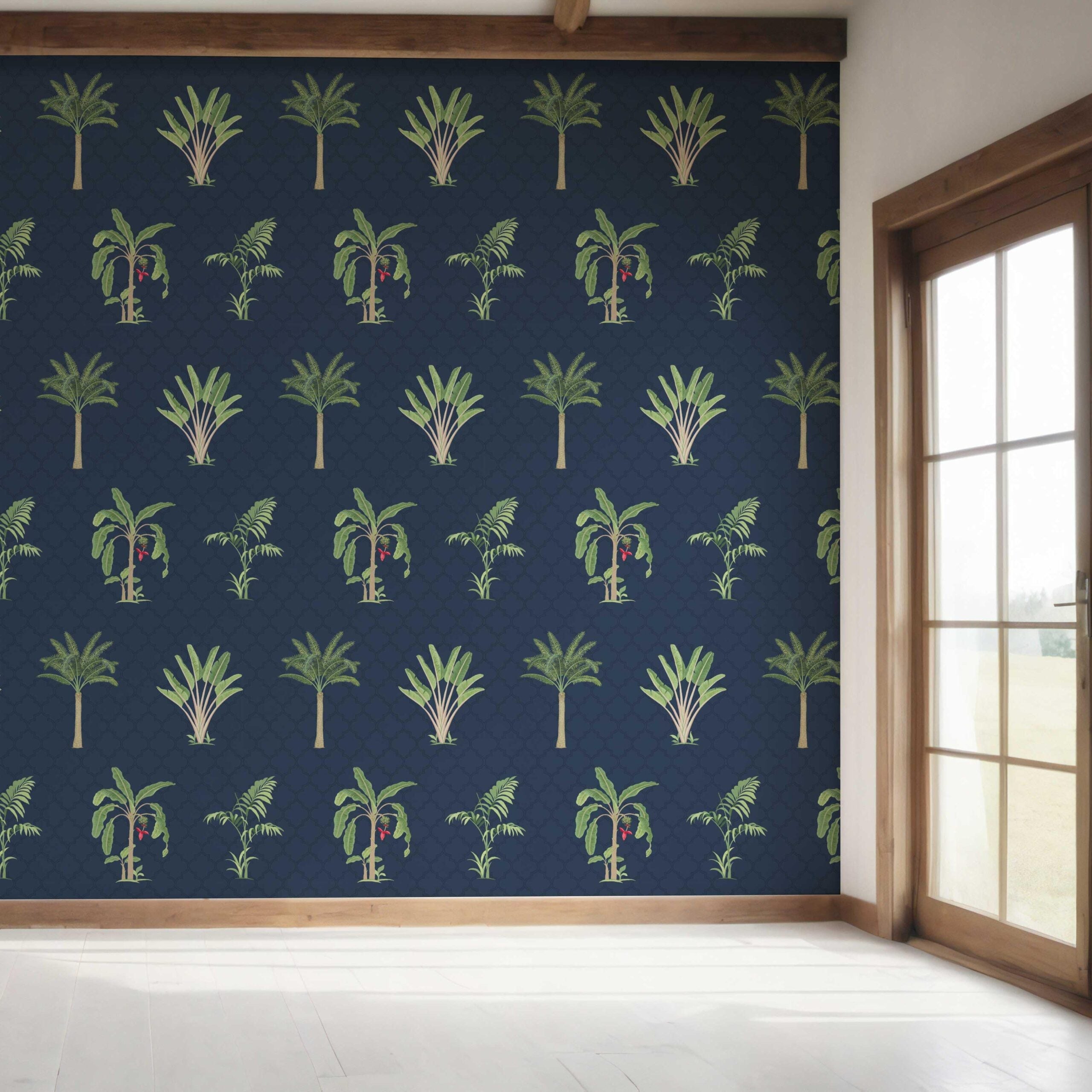 Botanical/ Floral Block Print Shower Toilet Wallpaper Sample (Navy Blue/ Green/ Red)