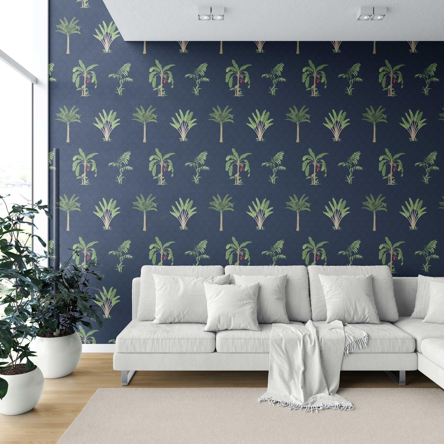 Botanical/ Floral Block Print Bedroom Wallpaper Sample (Navy Blue/ Green/ Red)