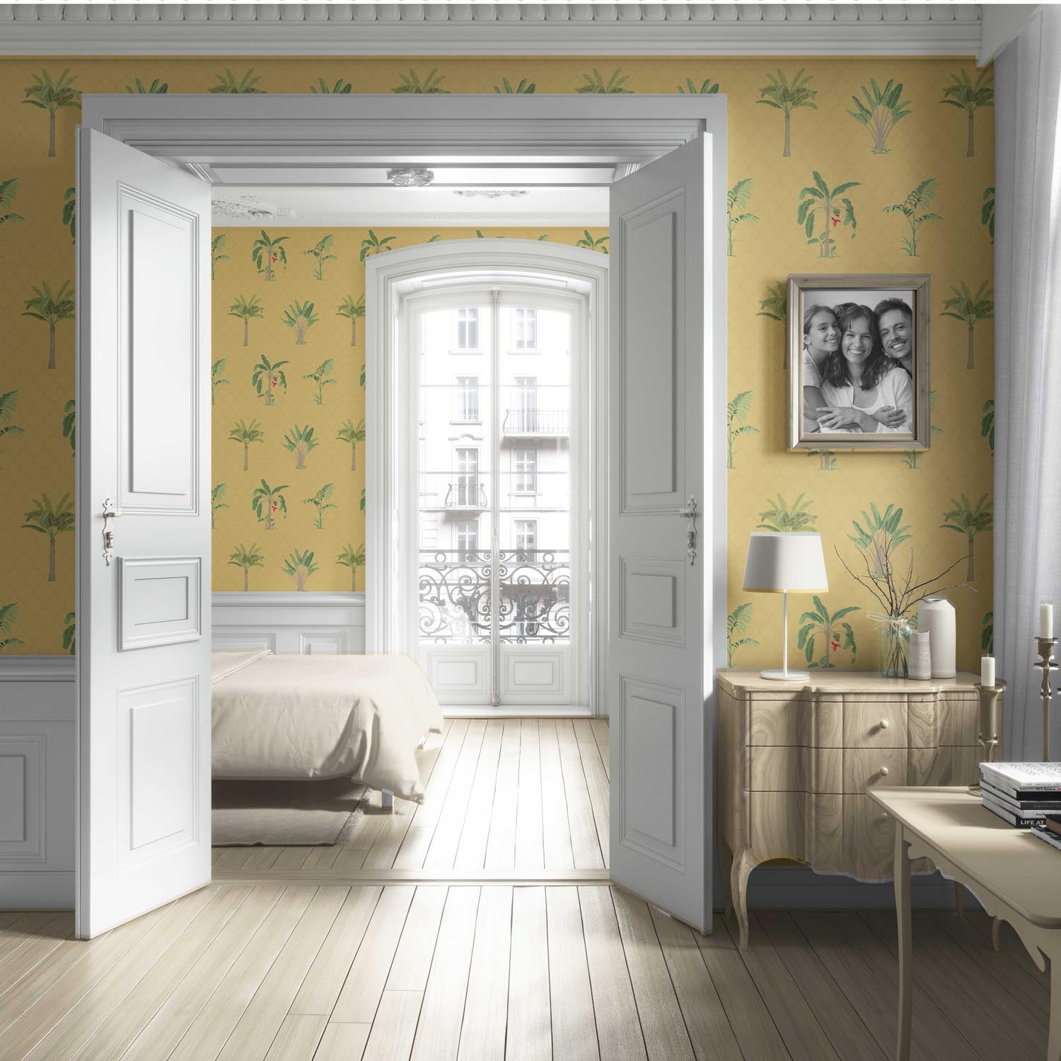 Botanical/ Floral Block Print Living Room Wallpaper (Yellow/ Green/ Red)