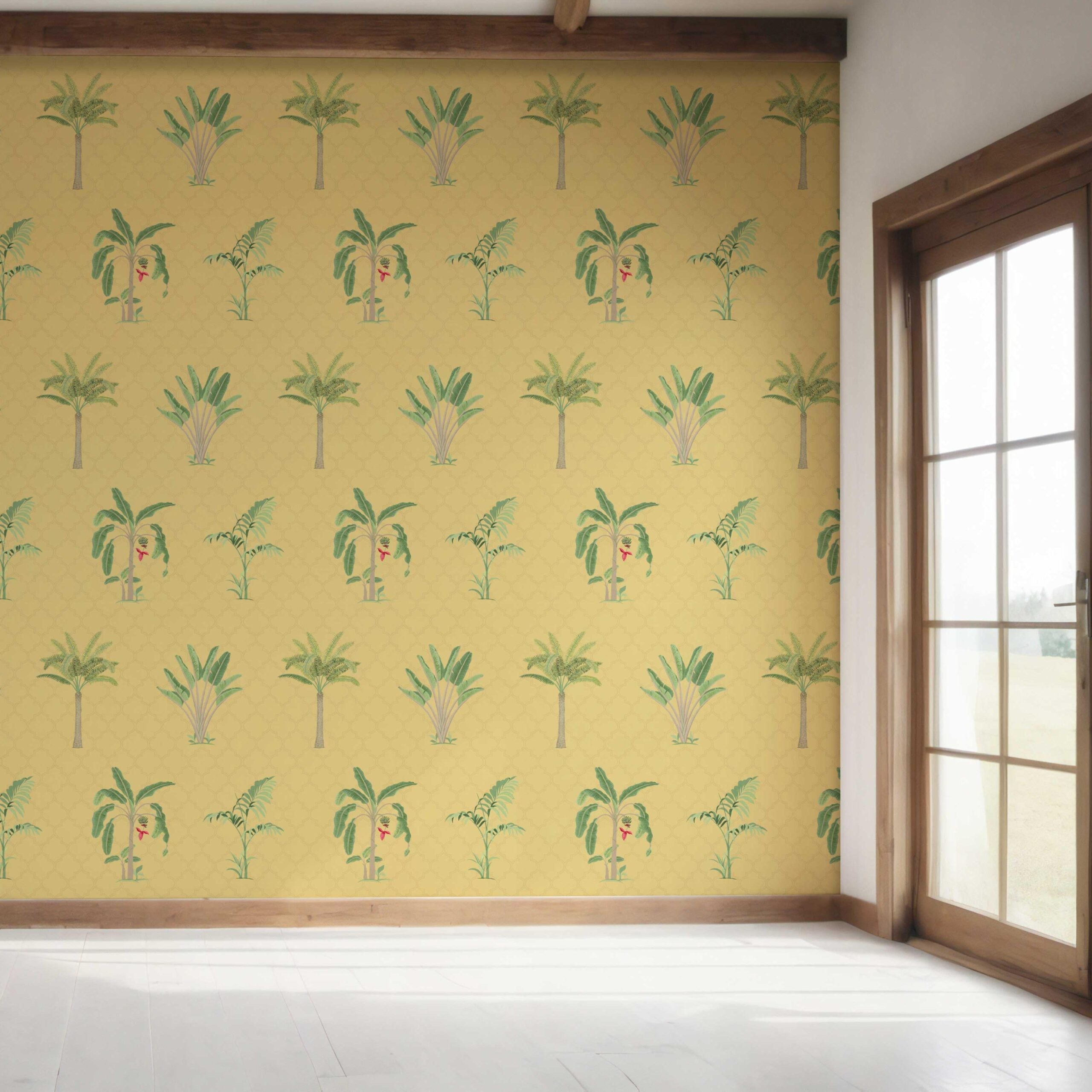 Botanical/ Floral Block Print Bedroom Wallpaper (Yellow/ Green/ Red)