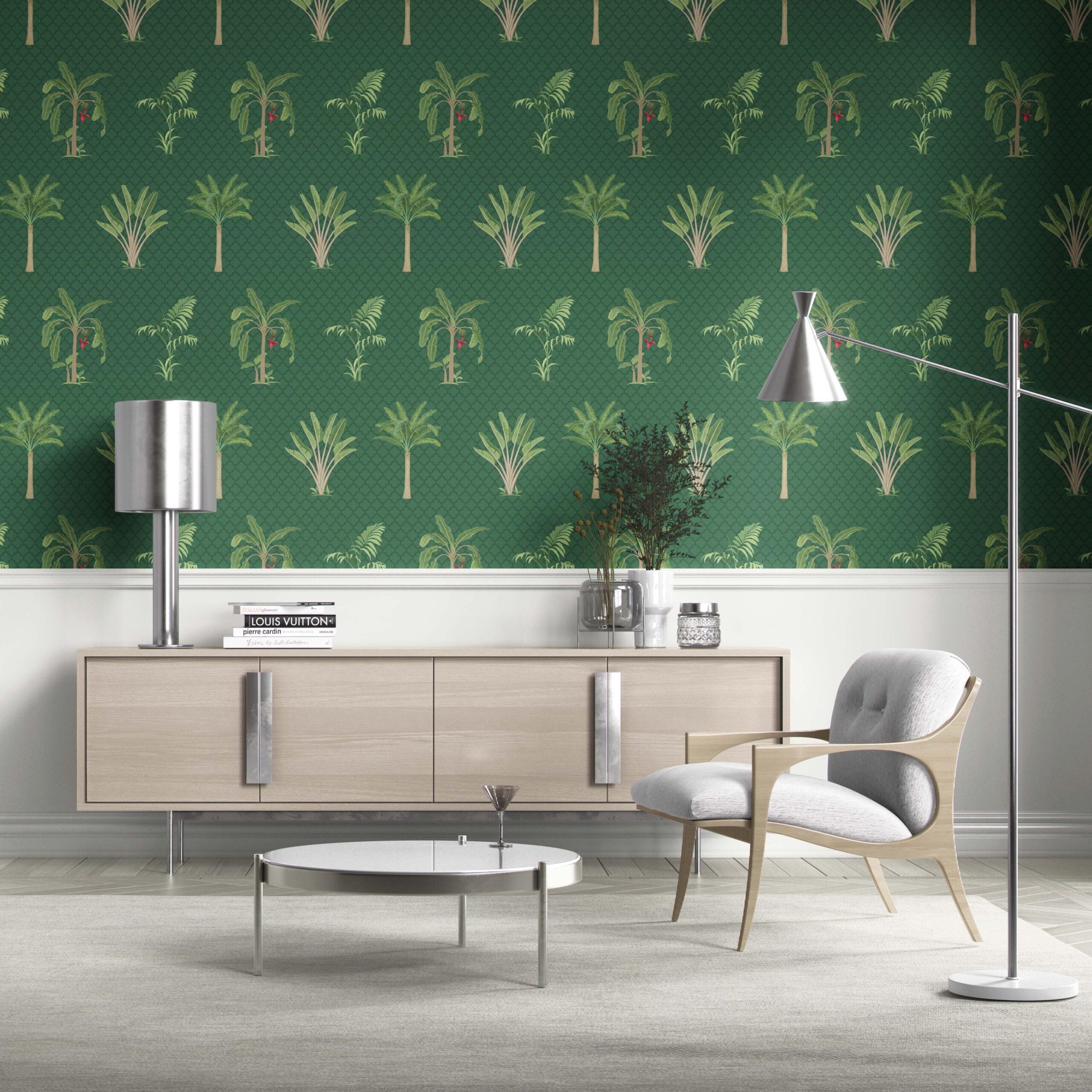 Botanical/ Floral Block Print Traditional Wallpaper (Emerald Green)