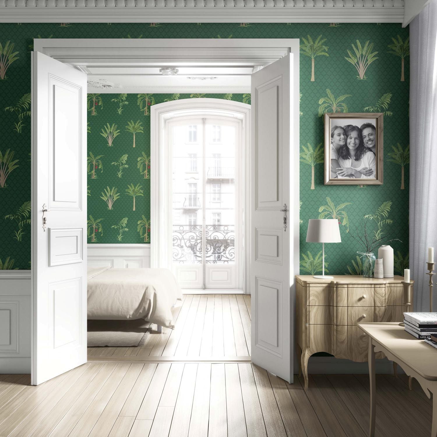 Botanical/ Floral Block Print Living Room Wallpaper (Emerald Green)