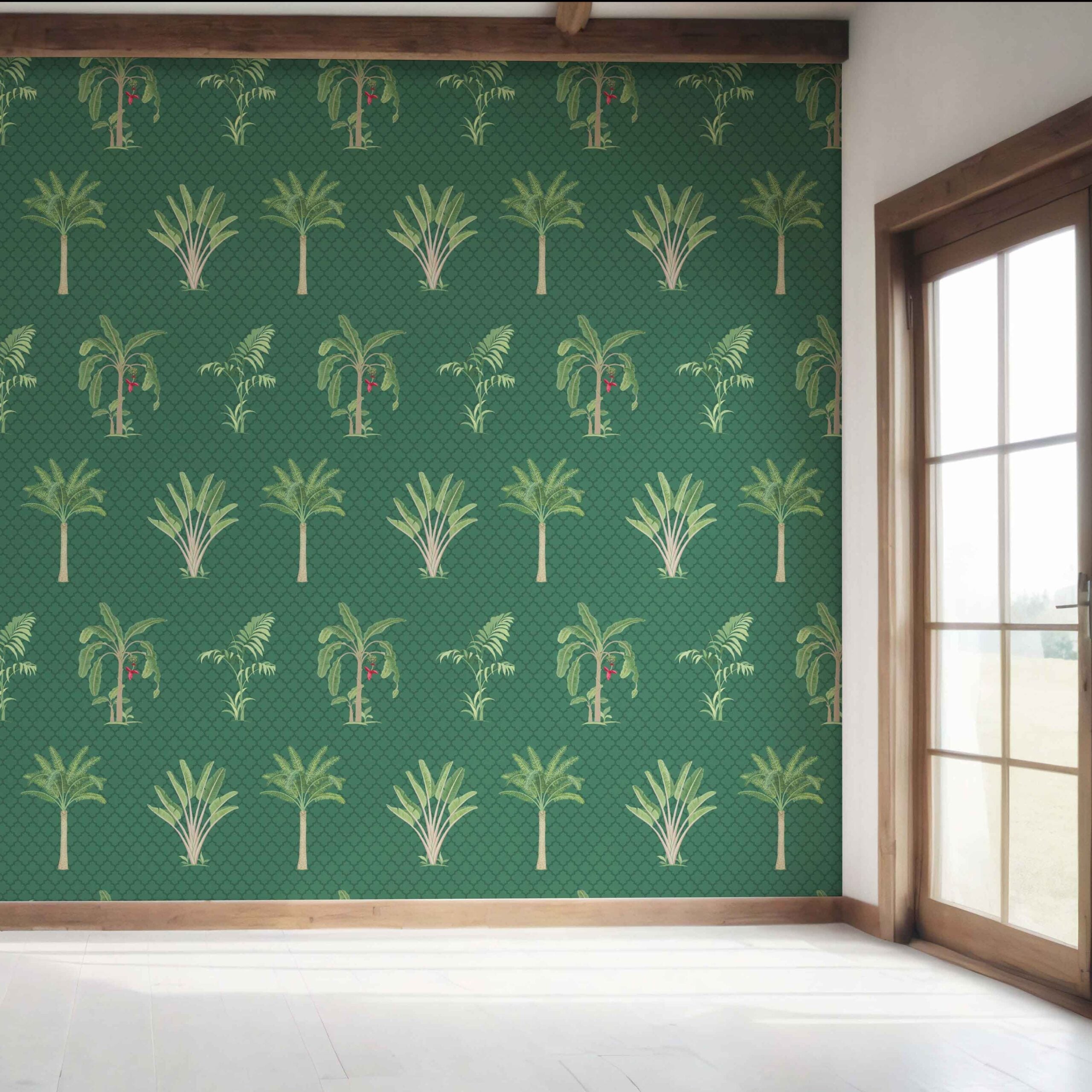 Botanical/ Floral Block Print Bedroom Wallpaper (Emerald Green)