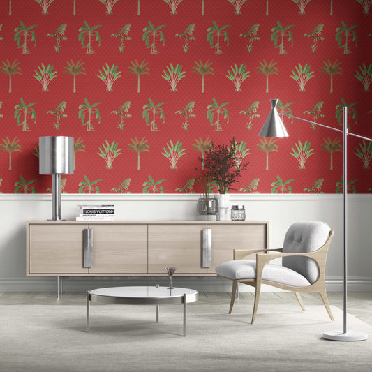 Botanical/ Floral Block Print Traditional Wallpaper Sample (Red-Orange Green)