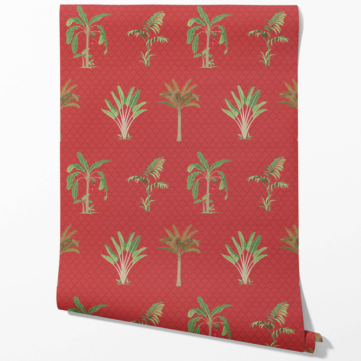 Botanical/ Floral Block Print Kitchen Wallpaper Sample (Red-Orange/ Green)