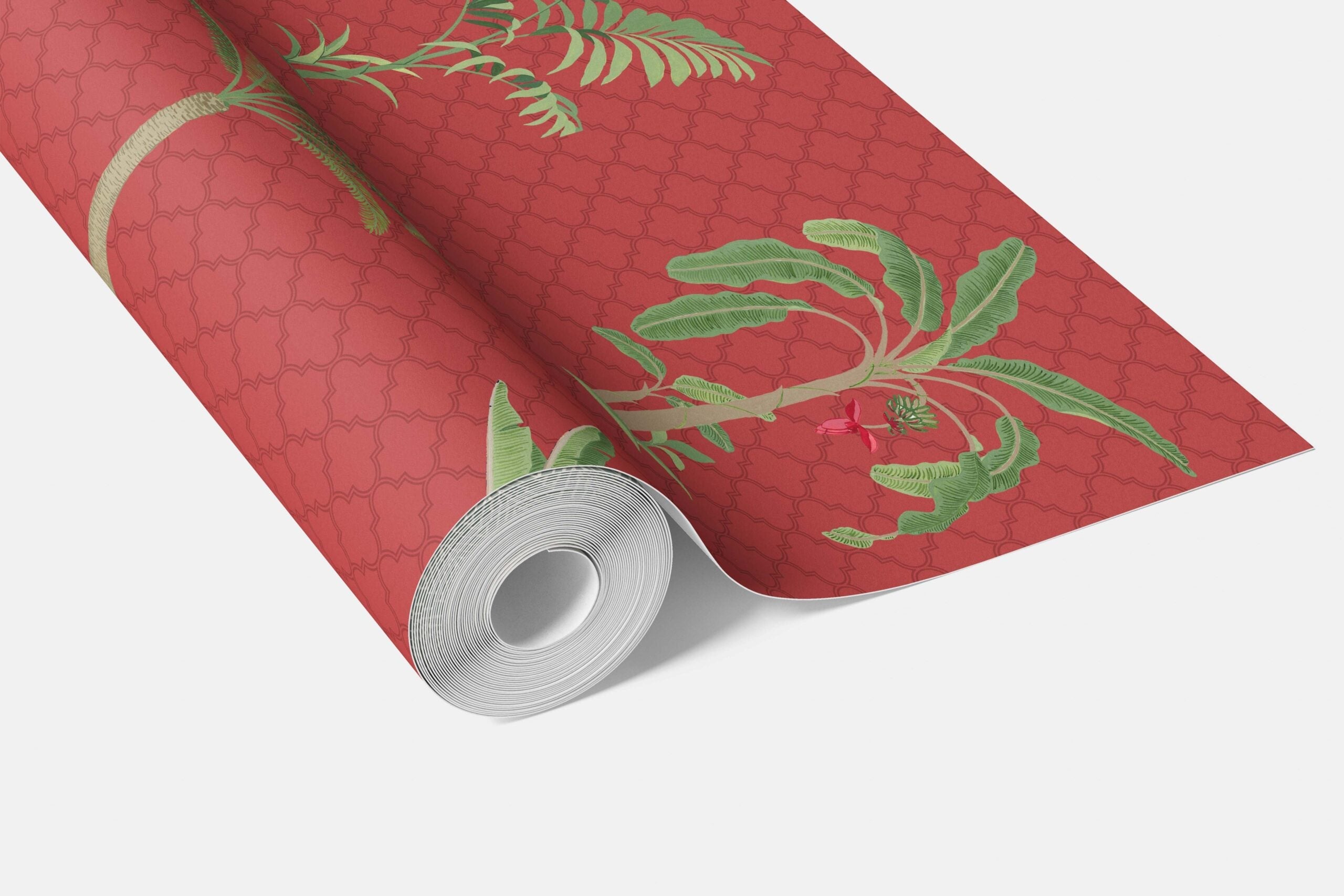 Botanical/ Floral Block Print Bathroom Wallpaper Sample (Red-Orange/ Green)