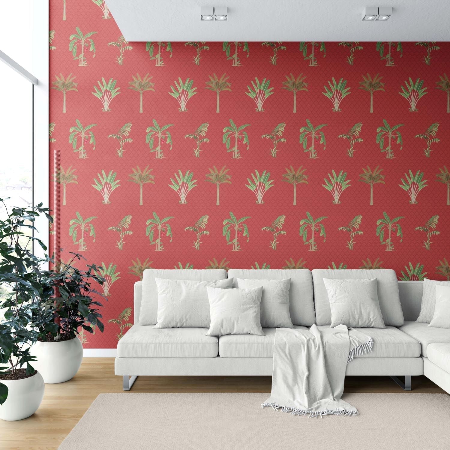 Botanical/ Floral Block Print Shower Toilet Wallpaper Sample (Red-Orange/ Green)