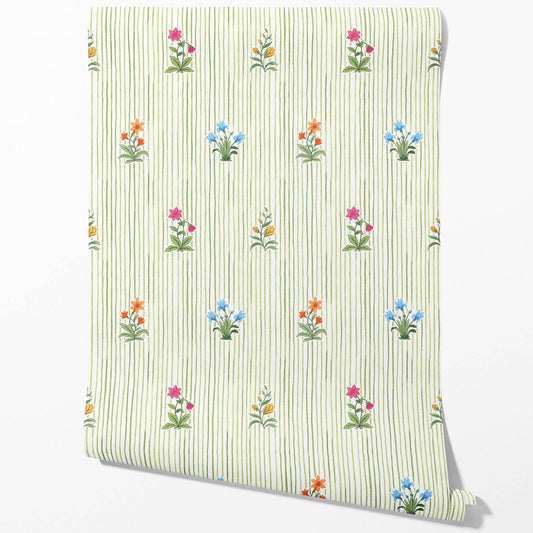 Floral Striped Block Print Traditional Wallpaper Sample (Green/ Pink/ Blue/ Yellow/ Orange)
