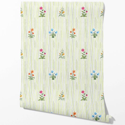 Floral Striped Block Print Traditional Wallpaper (Green/ Pink/ Blue/ Yellow/ Orange)