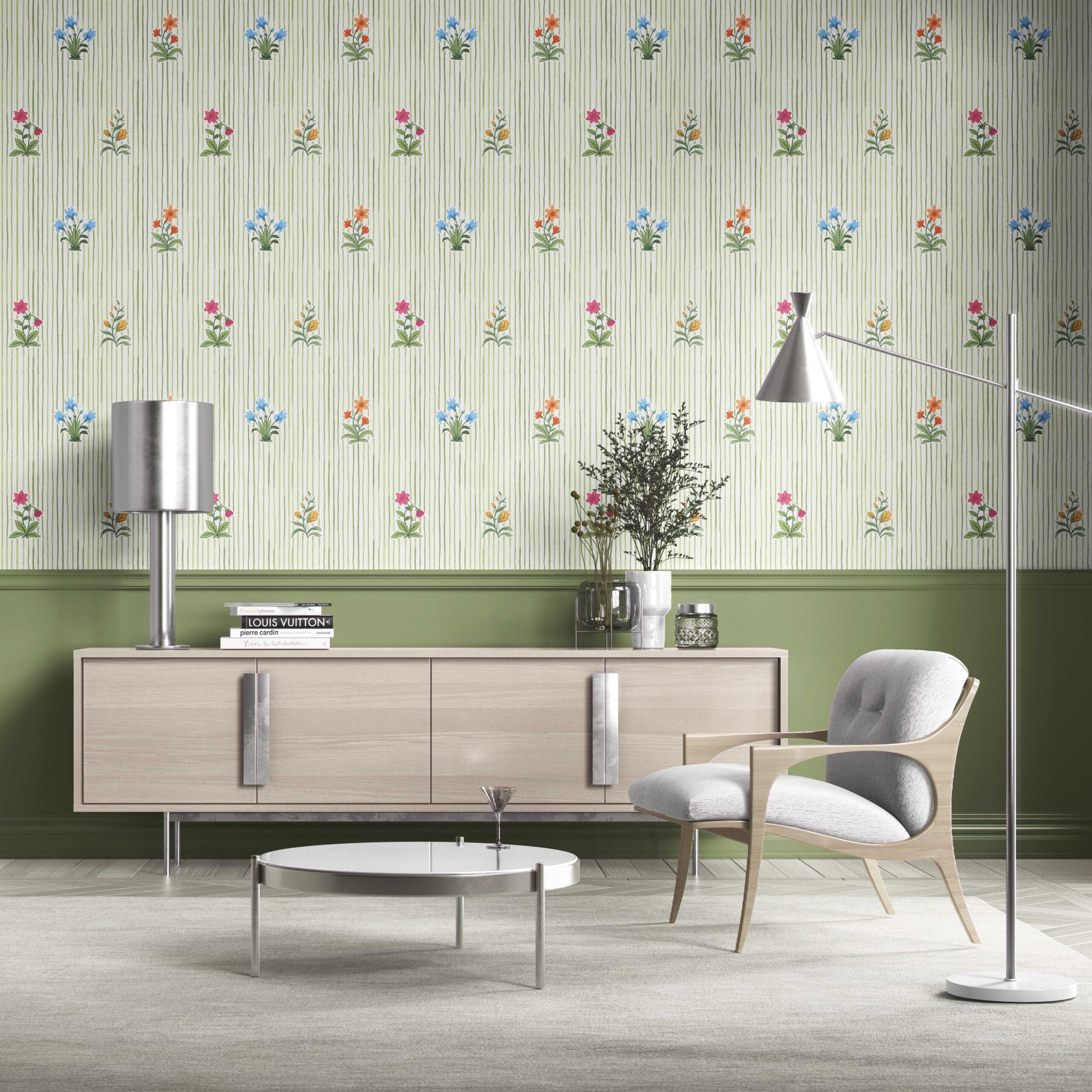 Floral Striped Block Print Kitchen Wallpaper (Green/ Pink/ Blue/ Yellow/ Orange)