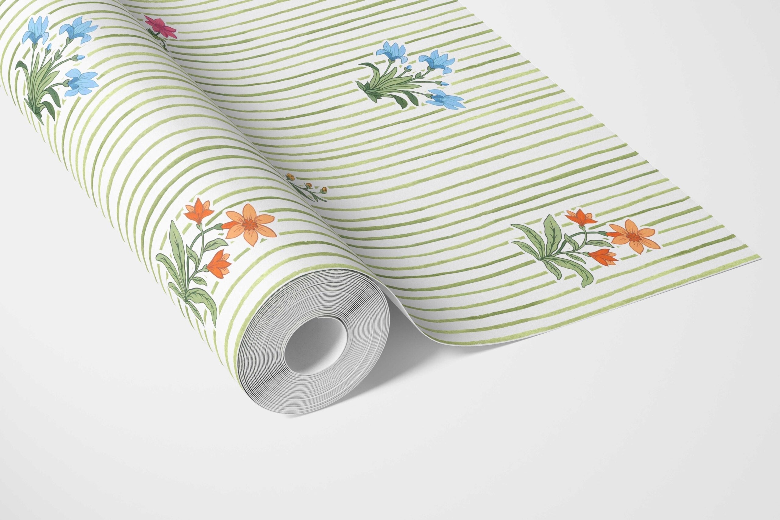 Floral Striped Block Print Bathroom Wallpaper (Green/ Pink/ Blue/ Yellow/ Orange)