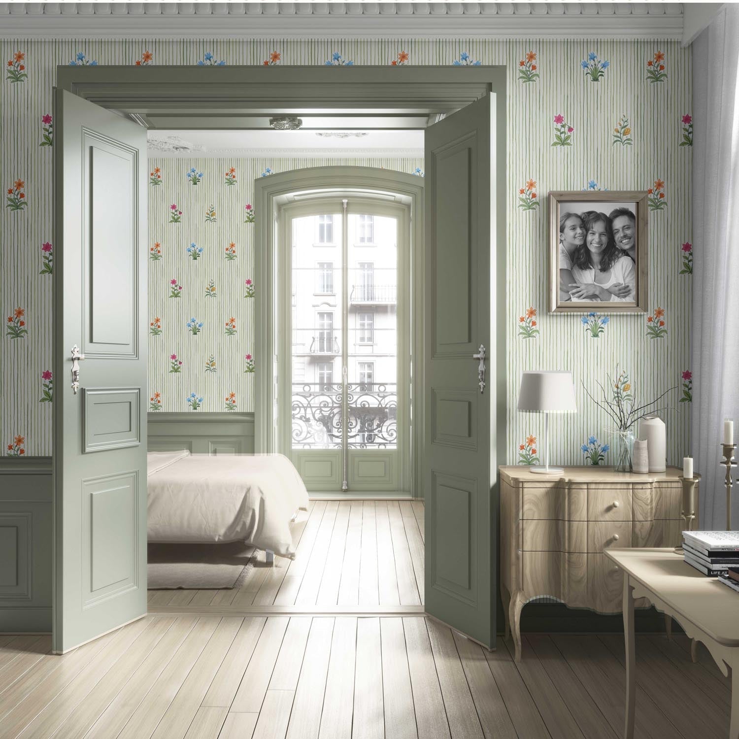 Floral Striped Block Print Living Room Wallpaper (Green/ Pink/ Blue/ Yellow/ Orange)