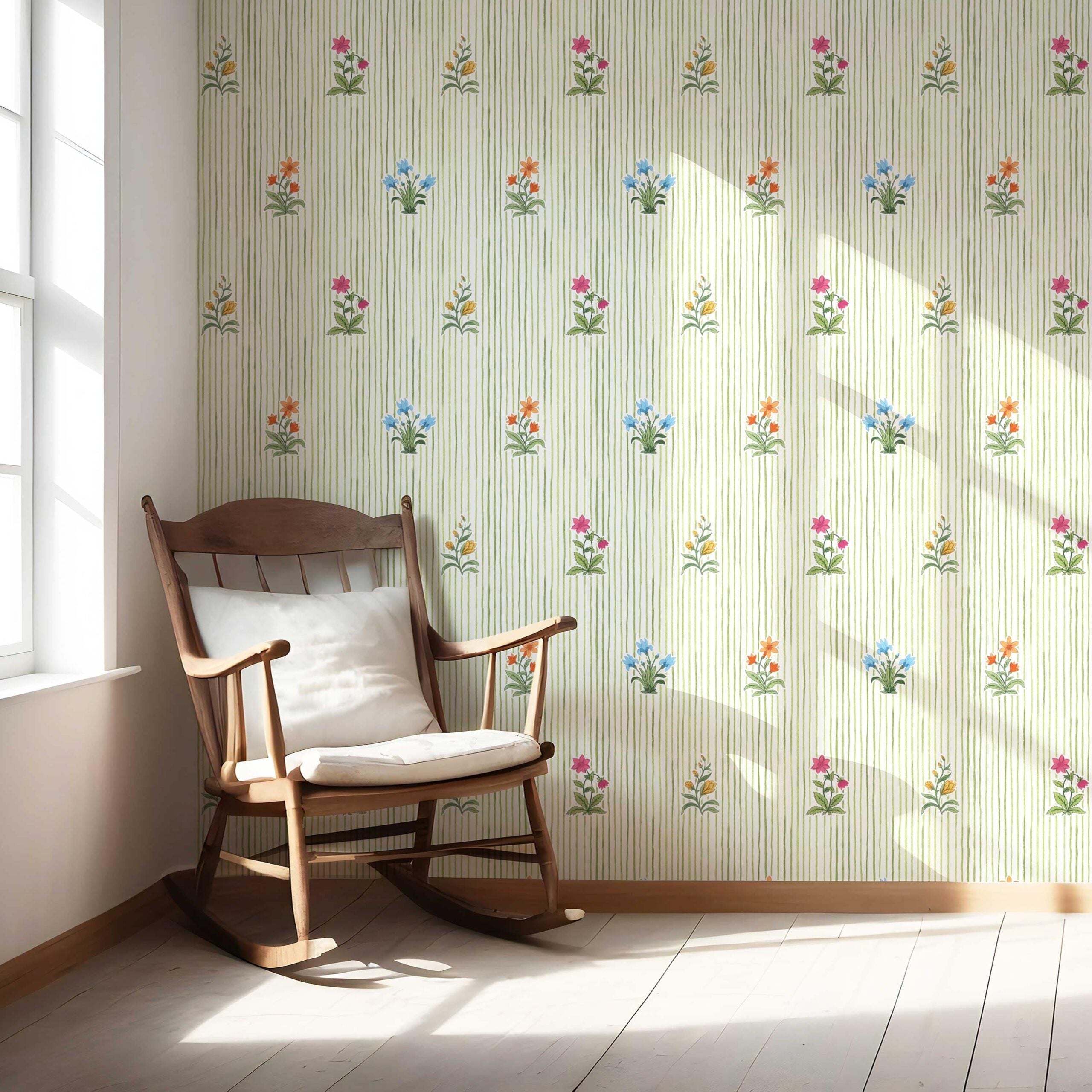 Floral Striped Block Print Nursery Wallpaper (Green/ Pink/ Blue/ Yellow/ Orange)