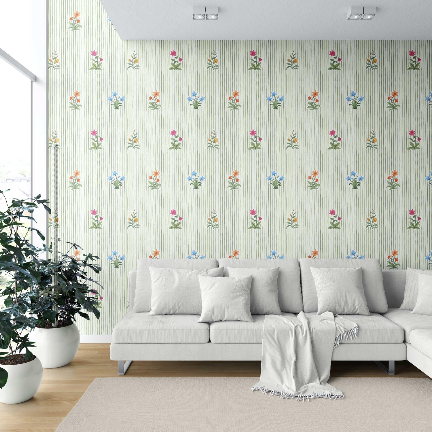 Floral Striped Block Print Shower Toilet Wallpaper Sample (Green/ Pink/ Blue/ Yellow/ Orange)