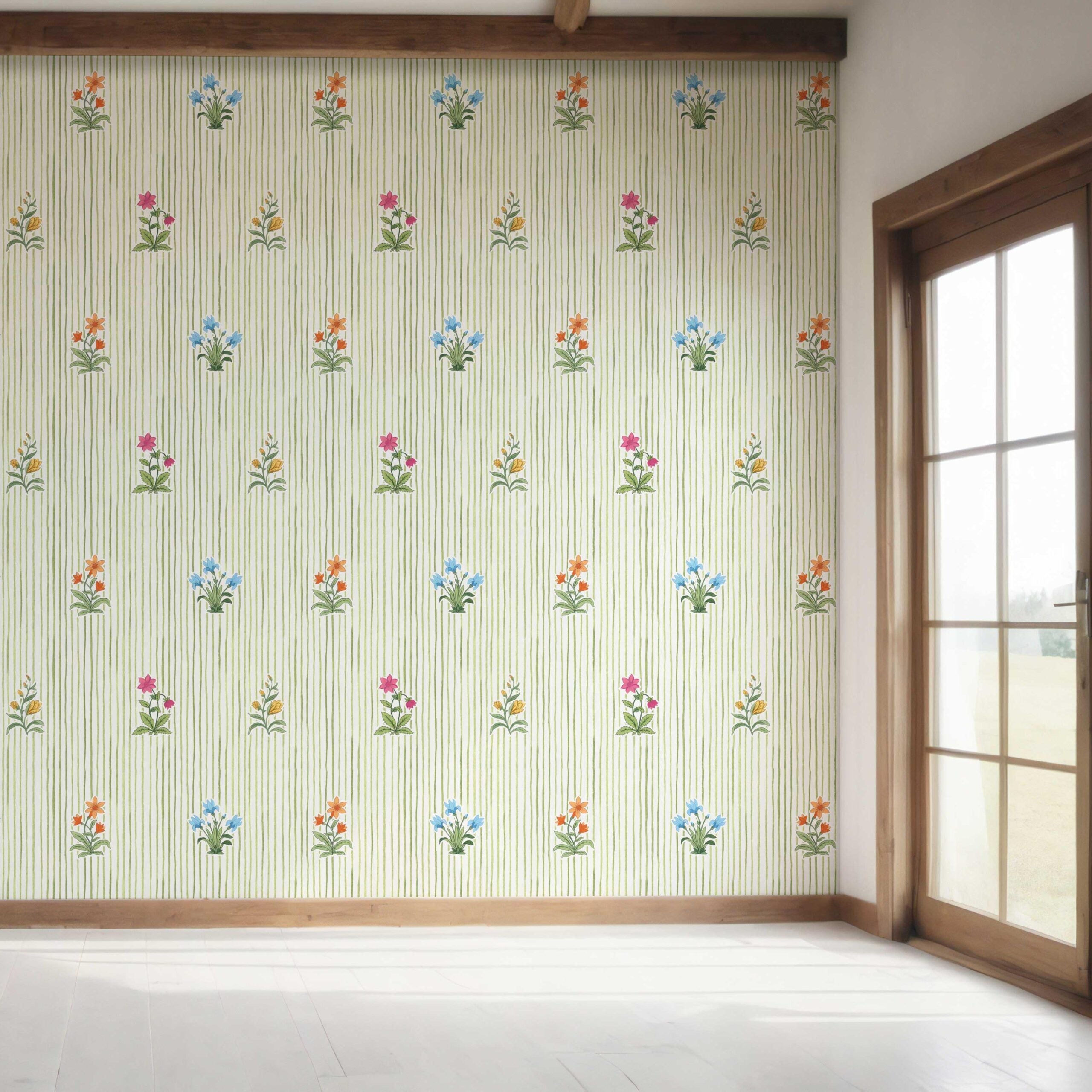 Floral Striped Block Print Bedroom Wallpaper (Green/ Pink/ Blue/ Yellow/ Orange)
