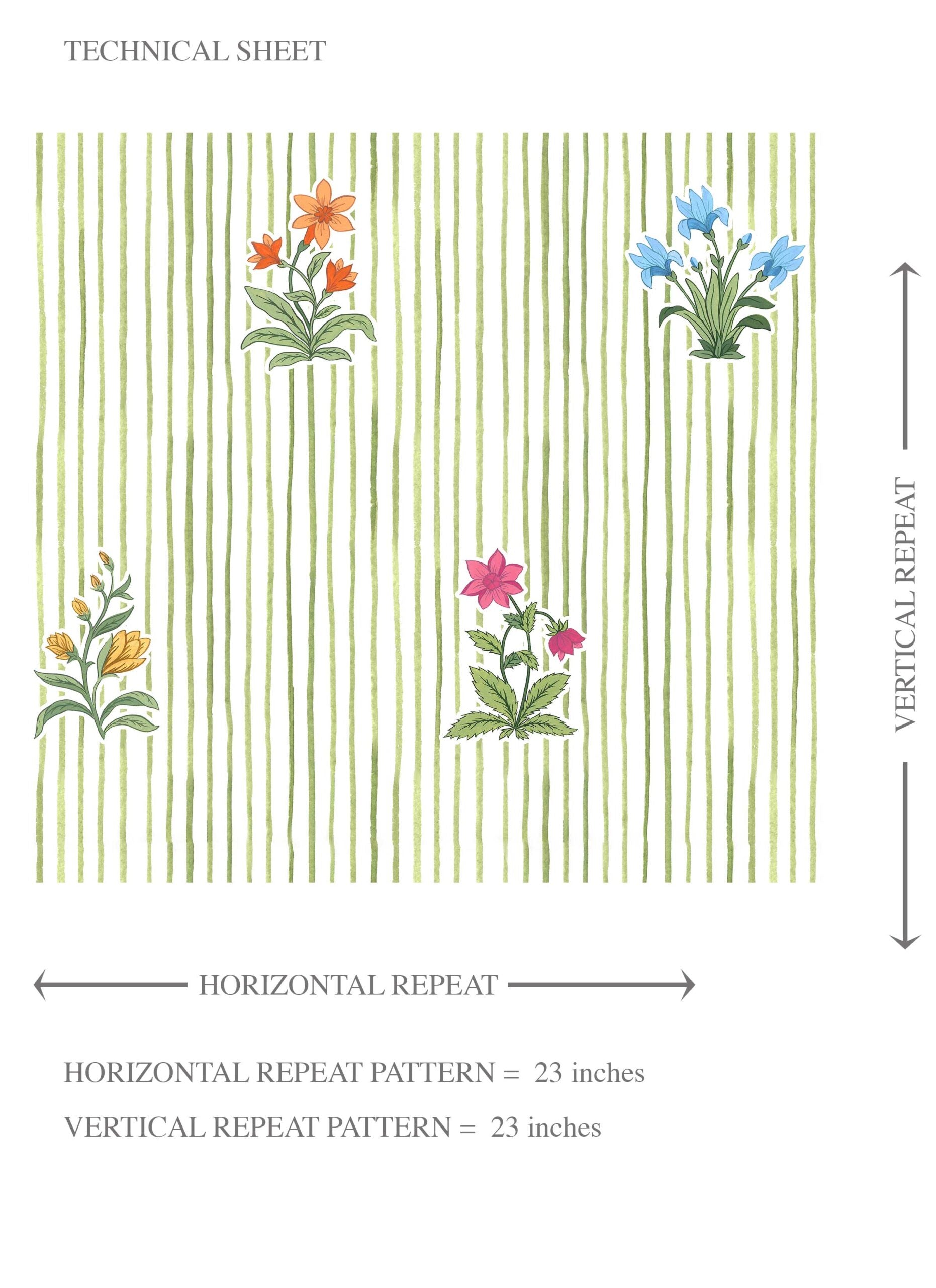 Floral Striped Block Print Kids Room Wallpaper (Green/ Pink/ Blue/ Yellow/ Orange)