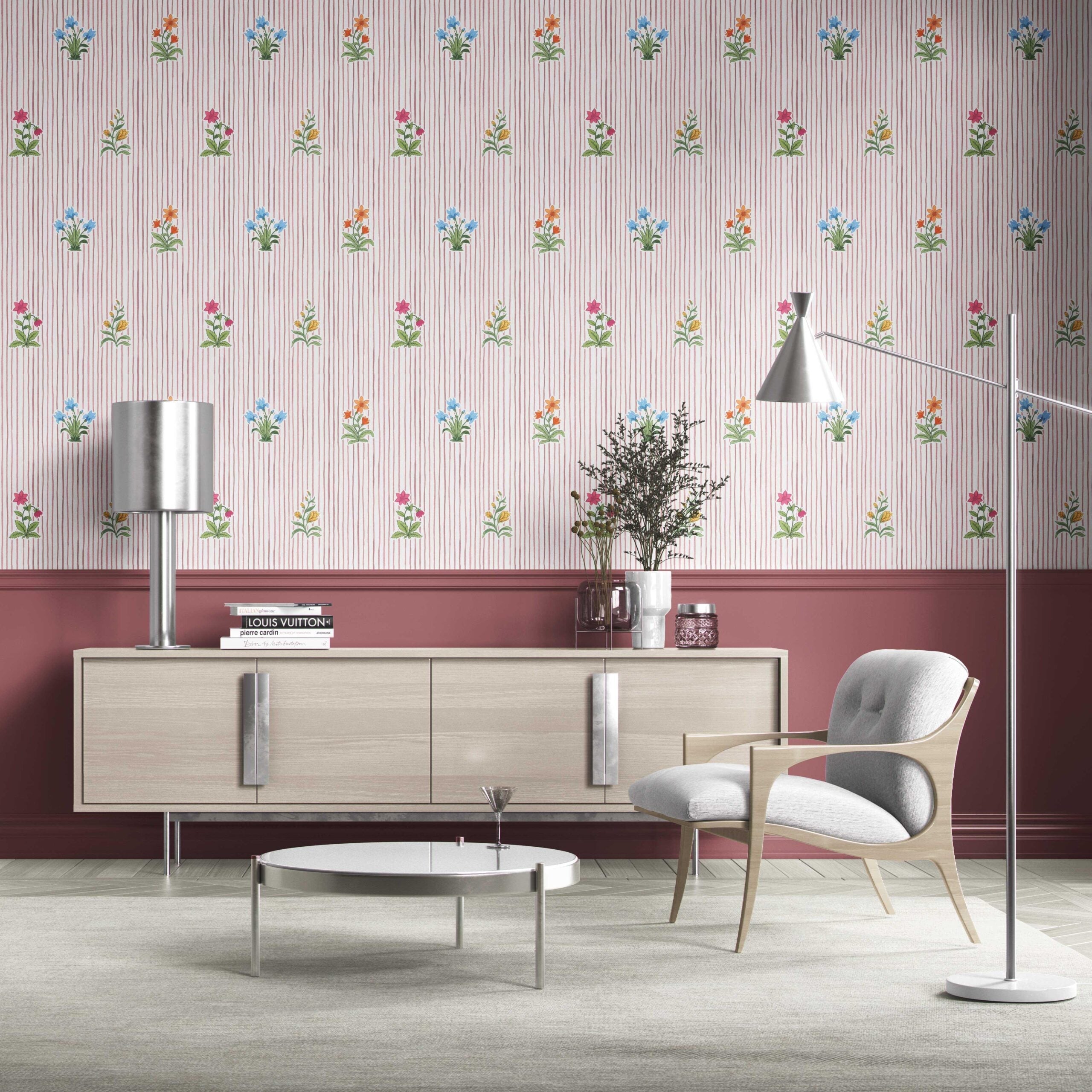 Floral Striped Block Print Kitchen Wallpaper (Pink/ Blue/ Green)