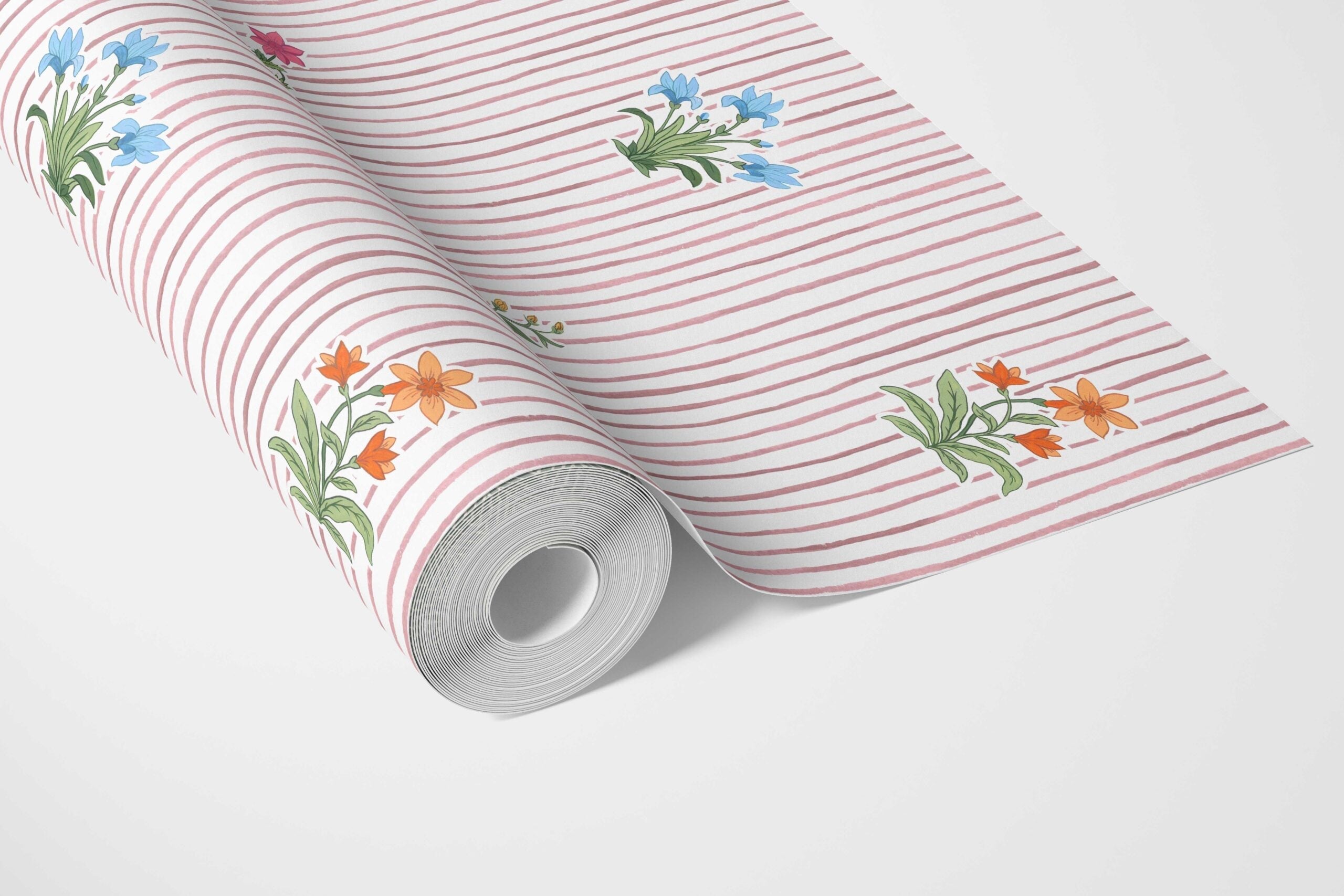 Floral Striped Block Print Bathroom Wallpaper (Pink/ Blue/ Green)