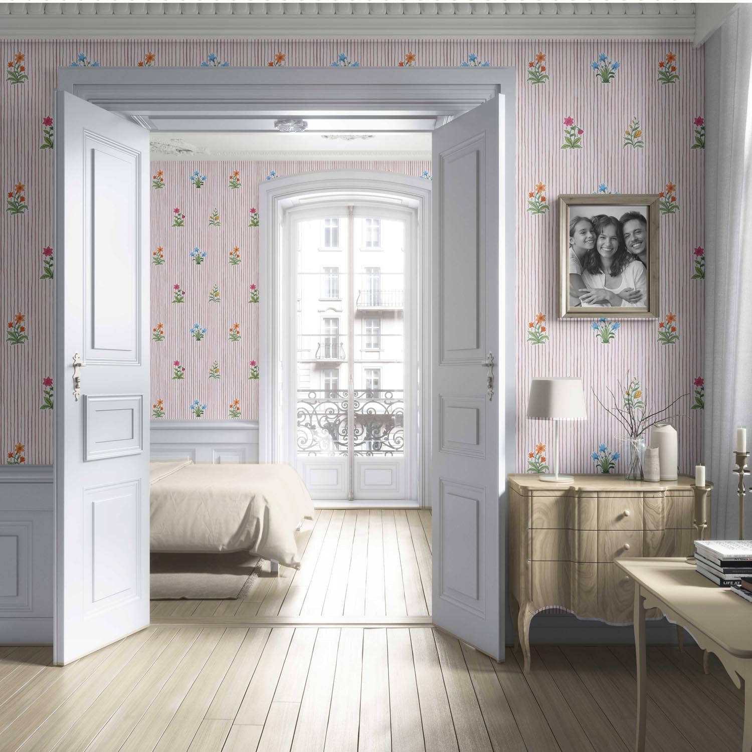 Floral Striped Block Print Living Room Wallpaper Sample (Pink/ Blue/ Green)