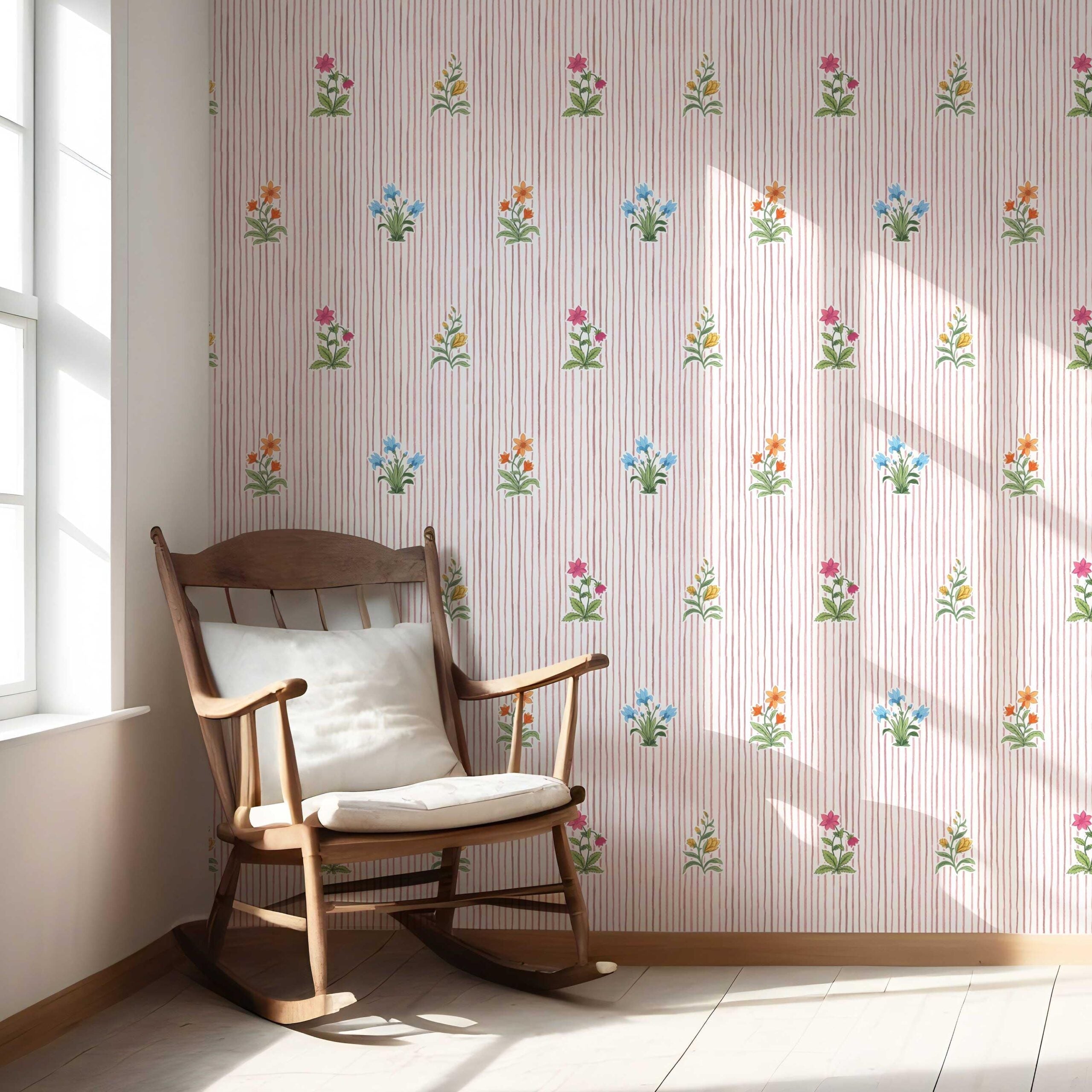 Floral Striped Block Print Nursery Wallpaper Sample (Pink/ Blue/ Green)