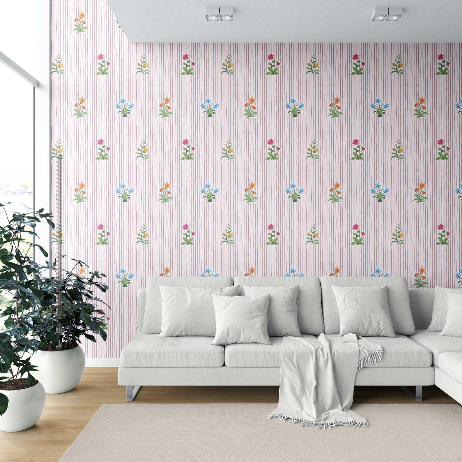 Floral Striped Block Print Shower Toilet Wallpaper (Pink/ Blue/ Green)