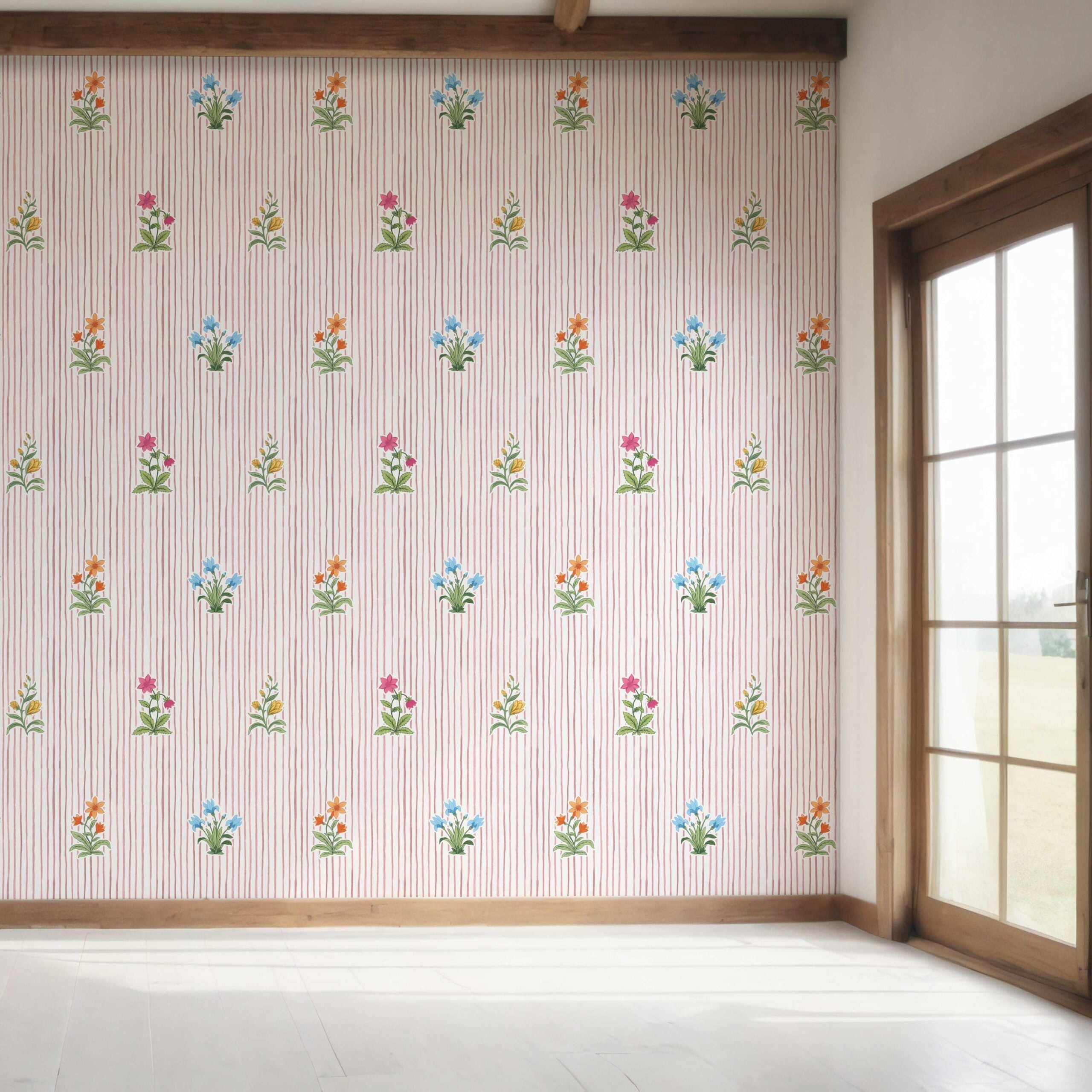Floral Striped Block Print Bedroom Wallpaper (Pink/ Blue/ Green)