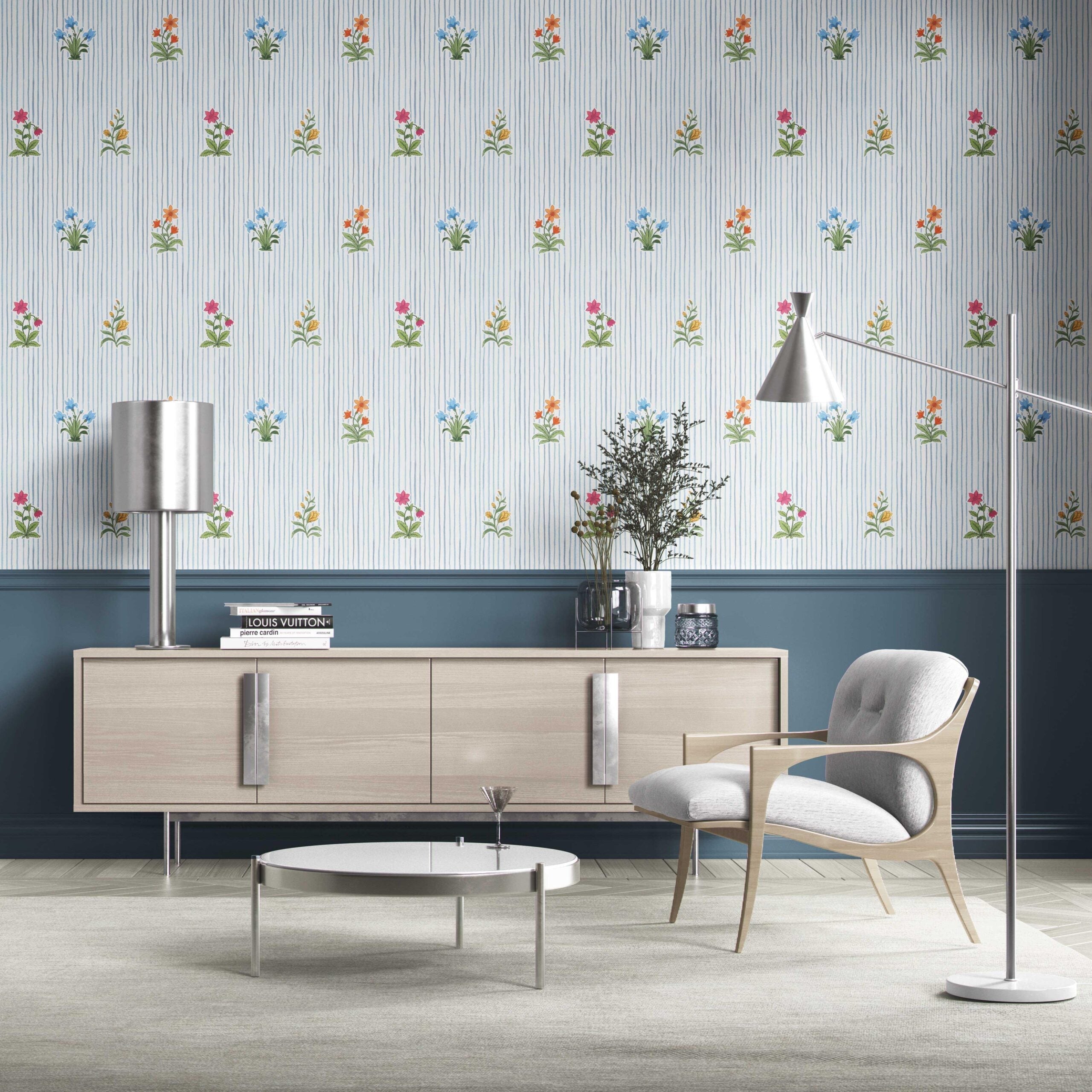 Floral Striped Block Print Kitchen Wallpaper Sample (Blue/ Pink/ Green/ Orange )