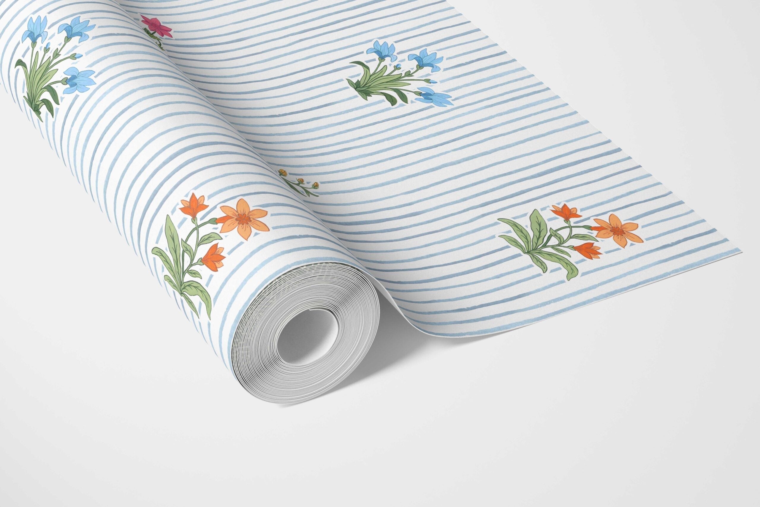 Floral Striped Block Print Bathroom Wallpaper (Blue/ Pink/ Green/ Orange )