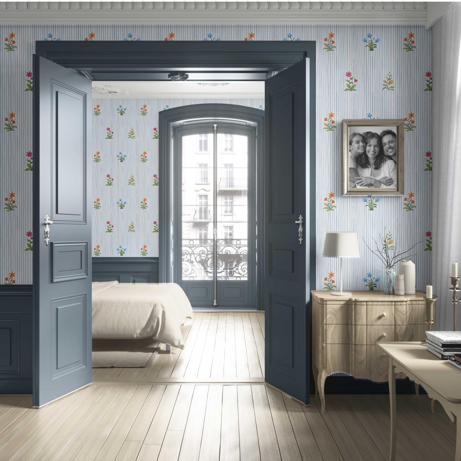 Floral Striped Block Print Living Room Wallpaper (Blue/ Pink/ Green/ Orange )